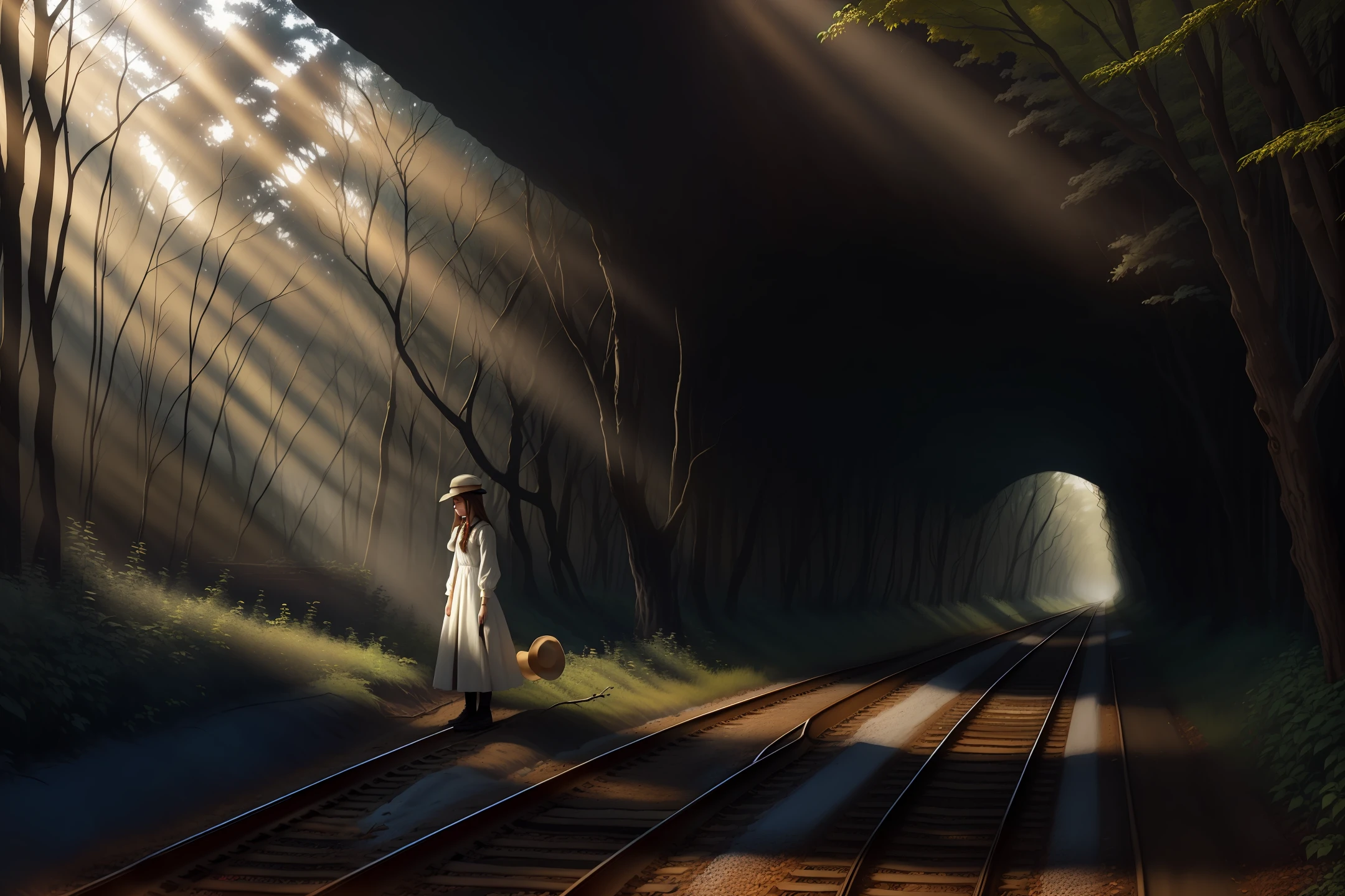 In the forest, the railroad tracks are going in a straight line, the trees are like tunnels, there is a faint morning mist, the bright sunlight is shining, the girl in the white dress is standing backwards, wearing a hat of the same color as the dress, one hand is attached to the hat