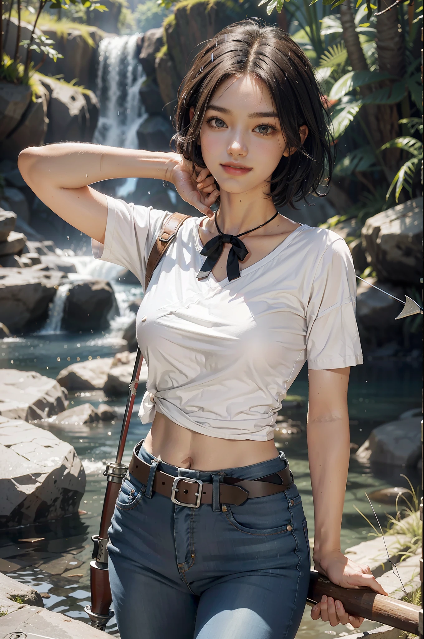 Best Quality, (Realism: 1.4), Masterpiece, Ultra High Resolution, Cave, Short Sleeve White Shirt, Face Enhancement, Jeans, Belt, Hiking Pickaxe, Lantern, Bow and Arrow on Back, Short Knife at Waist, 1Girl, Beautiful Girl, Short Hair, Wet Hair, Neck Ring, (Musket), Adventurer, Smile, Upper Teeth, Lower Abdomen, Bodybuilding,