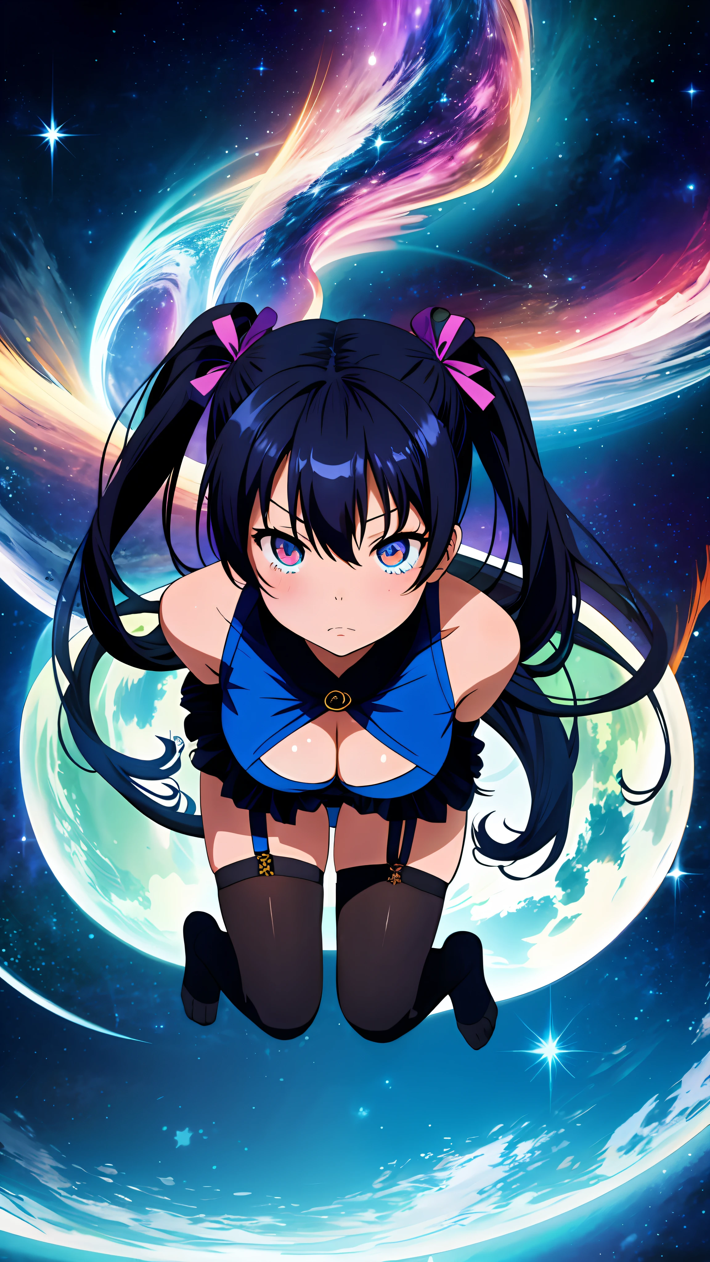 (tamaki kotatsu), Sexy, from above, facing viewer, eyes close up, covered cleavage, galaxy reflection on eyes, galaxy eyes, univers hair, twintail, busty, solid background, full body, 8k, absurd quality, beautiful face, hands out of frame,absurd res, high res, (masterpiece:1.4), ultra-detailed, 1girl, from front, jumping, stockings, galaxy hair, galaxy shape eyes, Andromeda eyes, garter belt, yandere, twintail