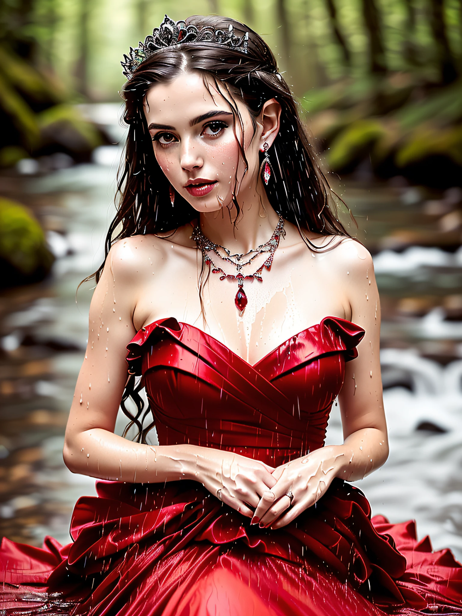 arafed woman in a red strapless ballgown with black trim sitting in a stream, ruby necklace, earrings, tiara, beautiful maiden, ethereal beauty, flowing gown, very beautiful elven top model, closeup portrait shot, fantasy photoshoot, in a whimsical fairytale forest, flowing red dress, flowing dress, beautiful fantasy maiden, closeup fantasy with water magic, wearing a red flowing dress, in style of wlop, closeup shot, (((drenched))) (((soaked))) (((dishevelled))) (((clinging)))
