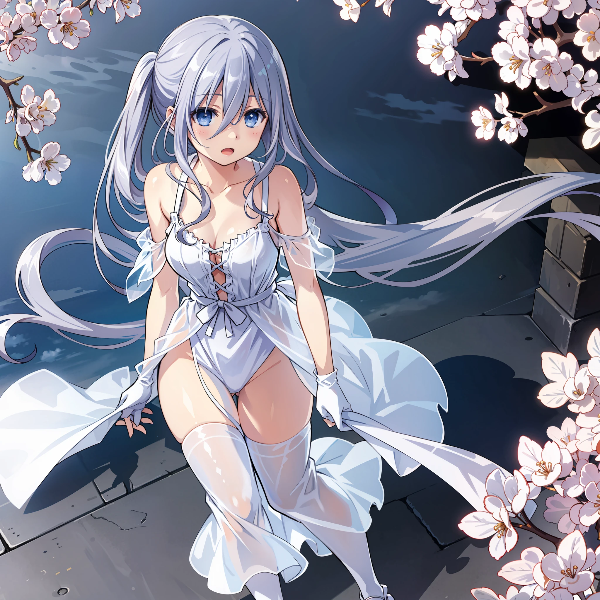 masterpiece, best quality, dynamic_angle,close-up,outdoors, street,sky,cherry_blossoms,horizon,cloud, 1 young girl,solo,standing,silver hair, blue_silver_eyes, glowing_eyes,hair_between_eyes,Shiromuku,see-through,bare shoulders,medium_breasts, elbow_gloves,very_long_hair,thighhighs,chignon,looking_at_viewer,open_mouth