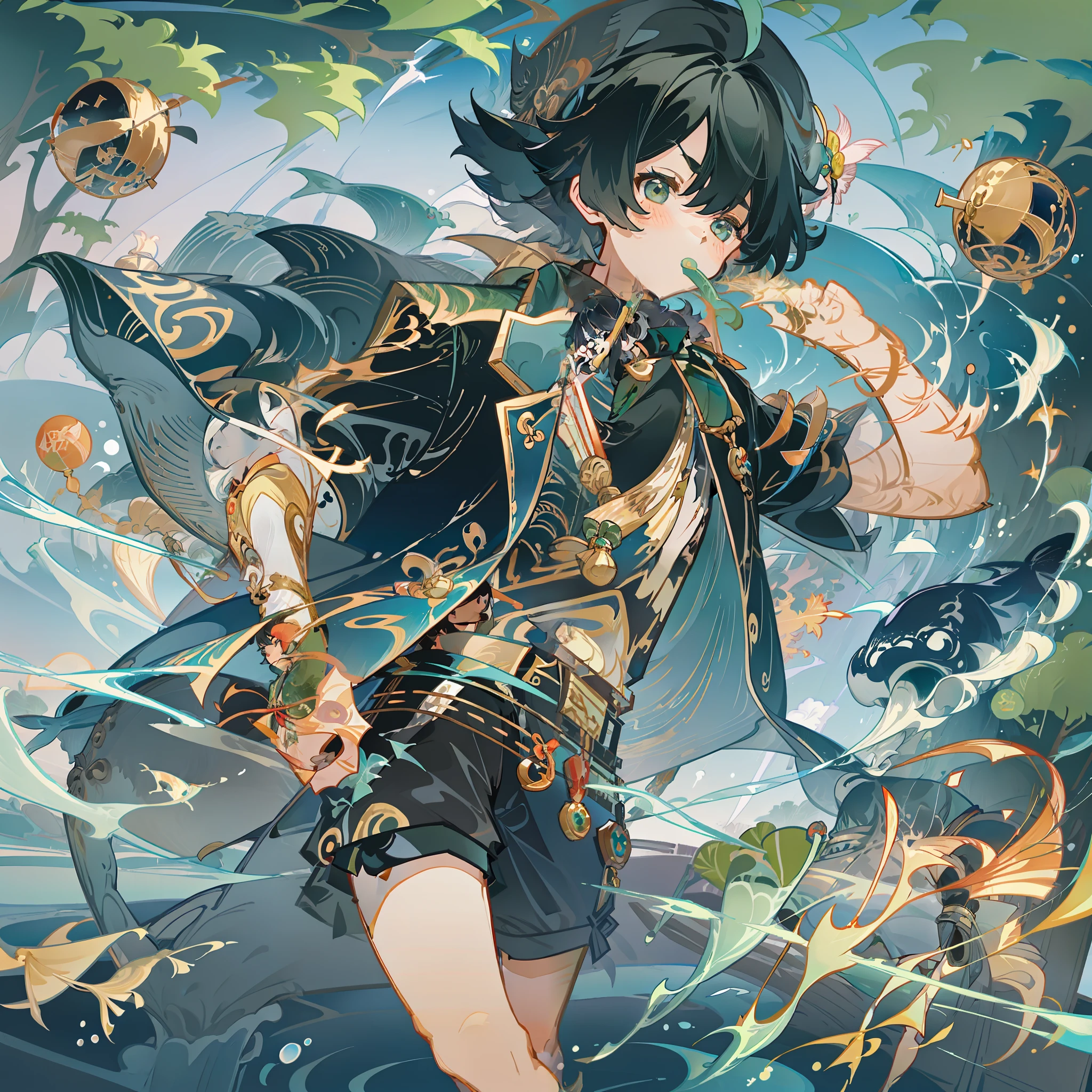 The black-haired male pupil, a **********, short-sleeved shorts, wearing a long cape, a straw hat with two streamers and countless wind chimes, and a green flute sits on the back of a huge whale made of water, leading more fish behind him