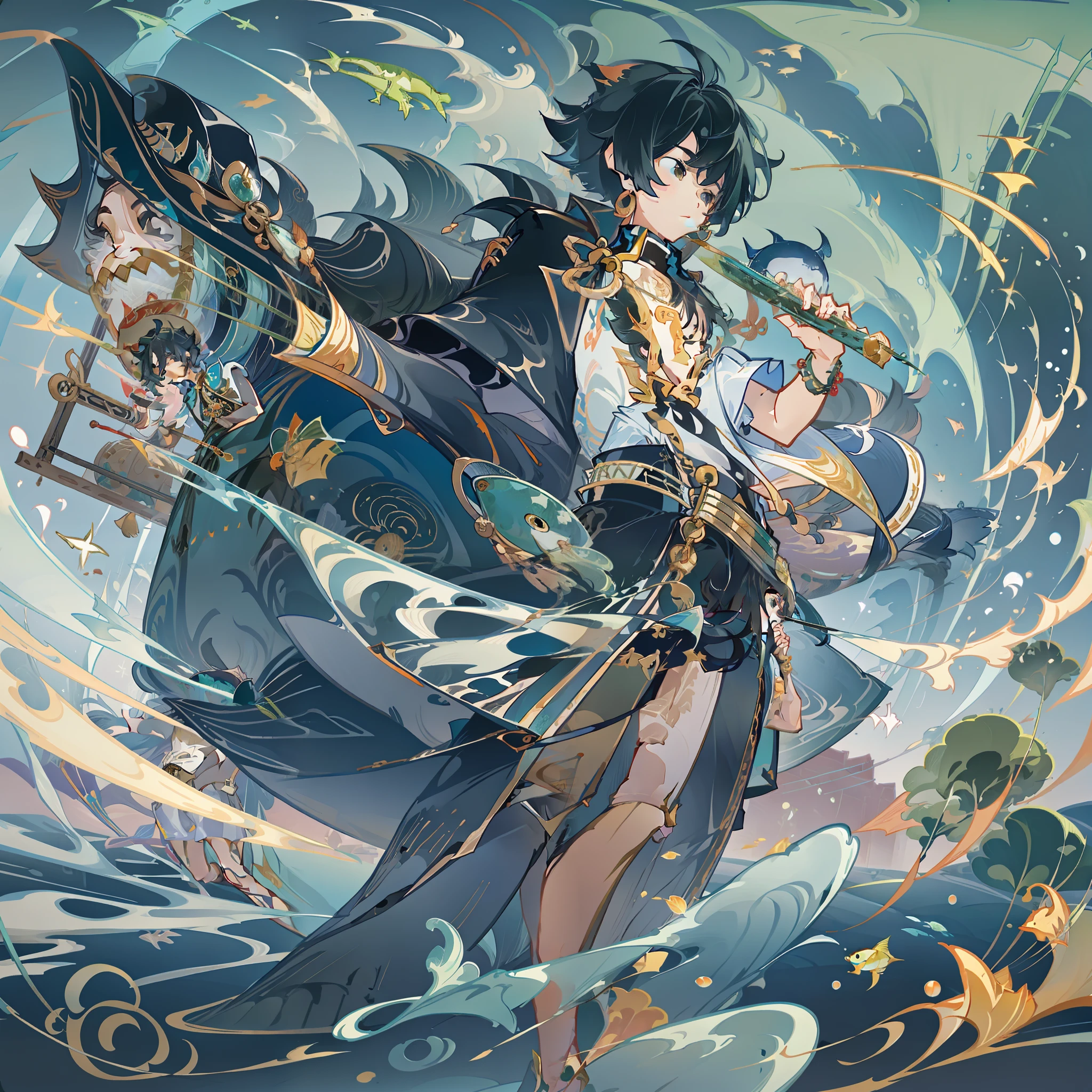 The black-haired male pupil, a **********, short-sleeved shorts, wearing a long cape, a straw hat with two streamers and countless wind chimes, and a green flute sits on the back of a huge whale made of water, leading more fish behind him