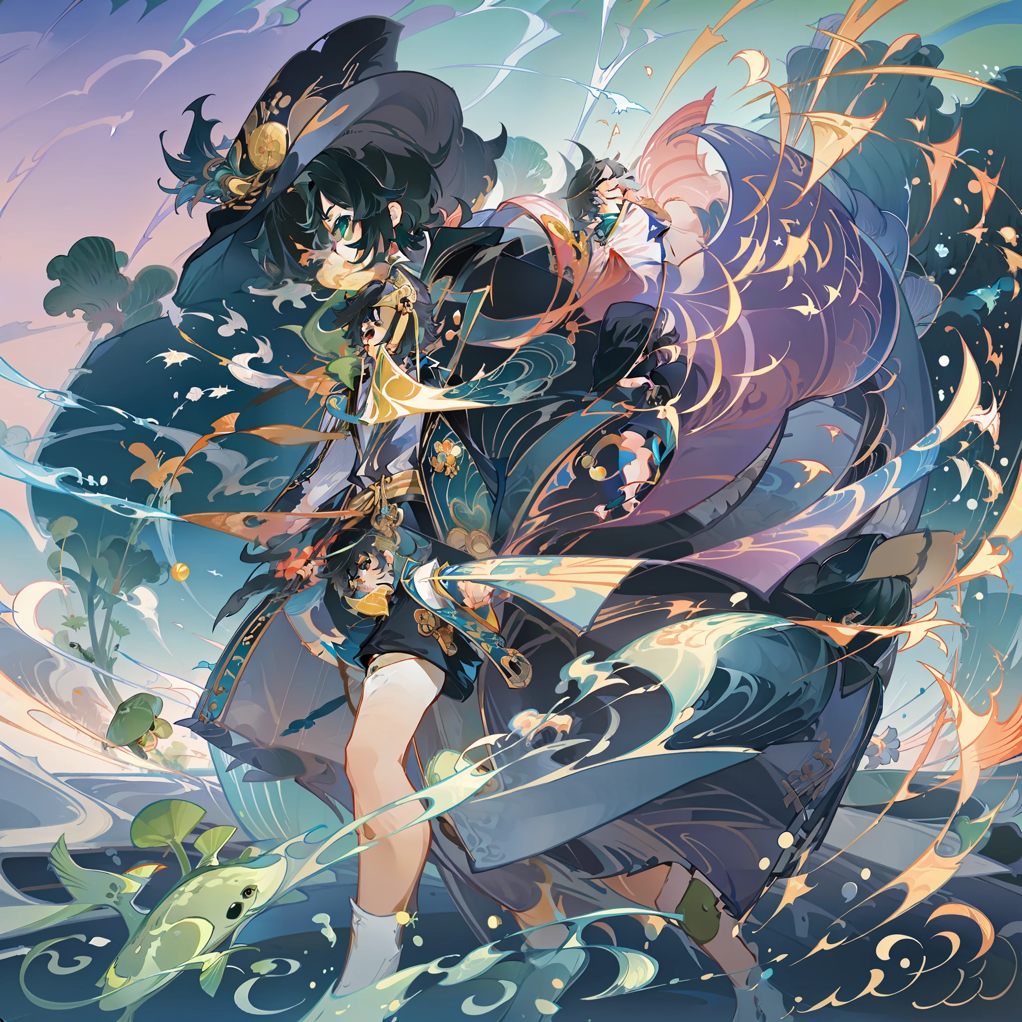 The black-haired male pupil, a **********, short-sleeved shorts, wearing a long cape, a straw hat with two streamers and countless wind chimes, and a green flute sits on the back of a huge whale made of water, leading more fish behind him