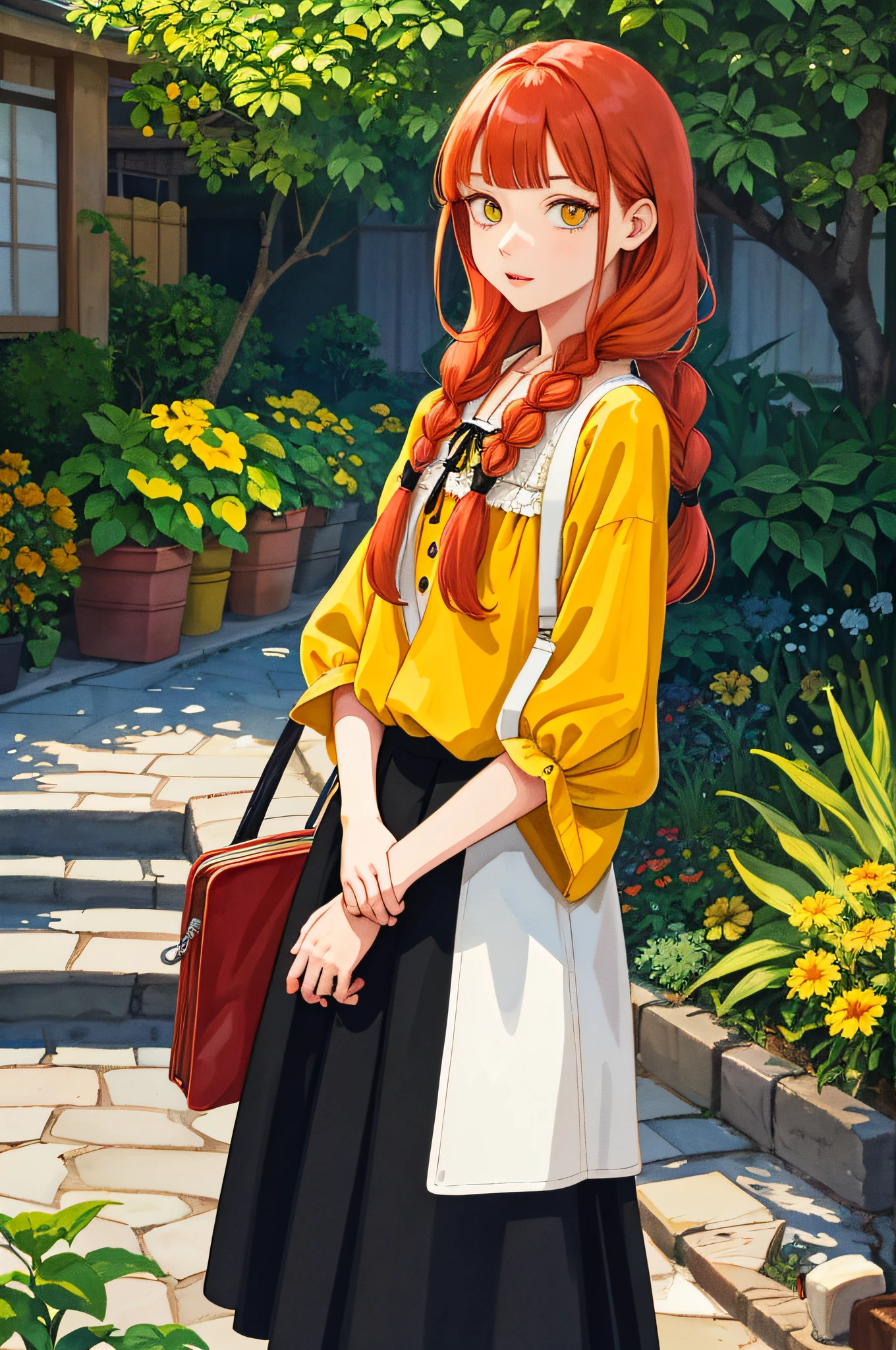 illustration, 2D, flat colors, best quality, semi-realistic, watercolor, brush strokes, colorful, red + white + yellow + black limited color palette, detailed conceptual drawing, front, 20yo makima \(chainsaw man\), (light red hair)+(long braided hair)+(side bangs), yellow eyes, green eyes, (ringed eyes), yellow dress, large breasts, (small lips), garden in Tokyo, detailed background, side lighting, dramatic lighting, deep shadows, (background of 2D illustration),