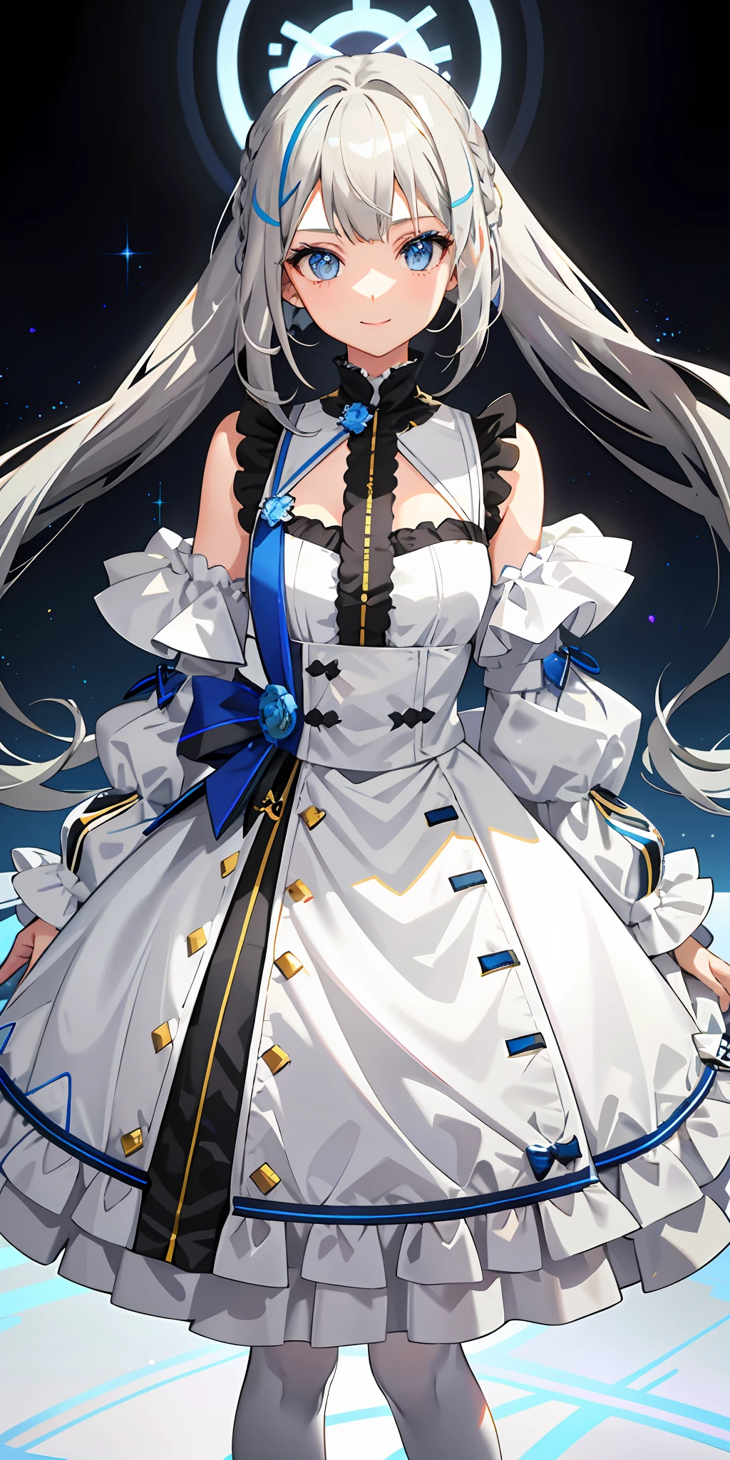 1girl, bright, blonde gradient gray hair, mesh gray hair, light blue eyes, colorful hair, saleme, side lights, light particles, wallpaper, big, plump, idol, idol costume, loose fluffy, smile, gentle, clear, loli