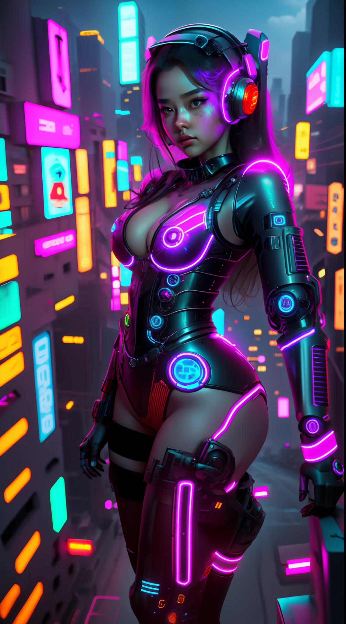 1 robo girl 18 years,big breasts,full body,perfect,8k surrealism, angle selfie bring,in an apocalyptic city the night neon,no distortion,no freak