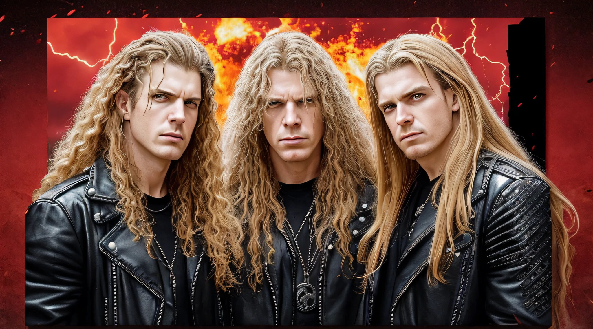 3 boys in leather clothes standing in front of a big explosion style portrait,infernal, LIGHTNING, Heavy metal band promo, Thrash metal, Heavy Rock band promo photo, Arch Enemy, Burning in Hell, New Wave of British Heavy Metal, Long Blonde Flaming Hair, Heavy Metal The Movie, Destruction, Slayer, 2 0 0 6 Advertising Promo Shot,  Proto - Metal Band Promo, Megadeth, death metal --auto --s2