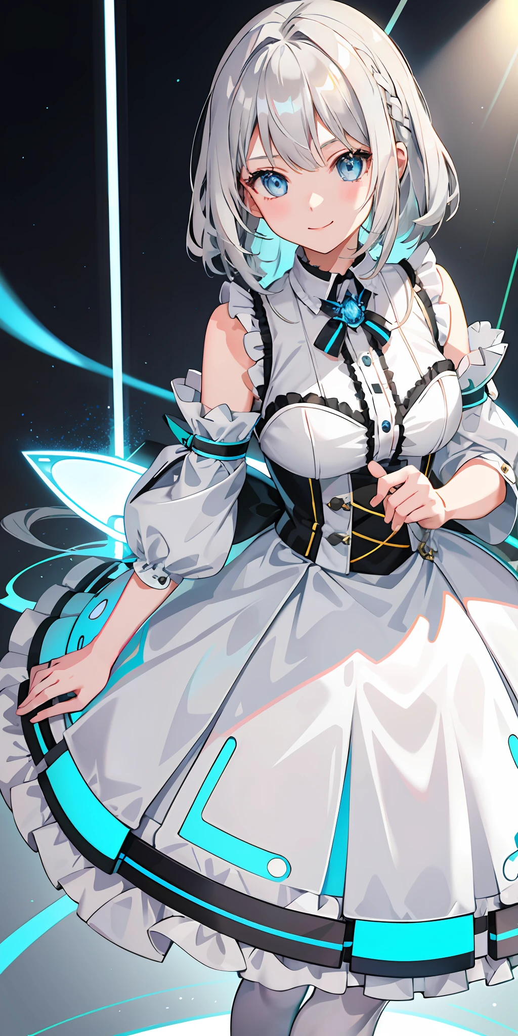 1girl, bright, blonde gradient gray hair, mesh gray hair, light blue eyes, colorful hair, saleme, side lights, light particles, wallpaper, big, plump, idol, idol costume, loose fluffy, smile, gentle, clear,