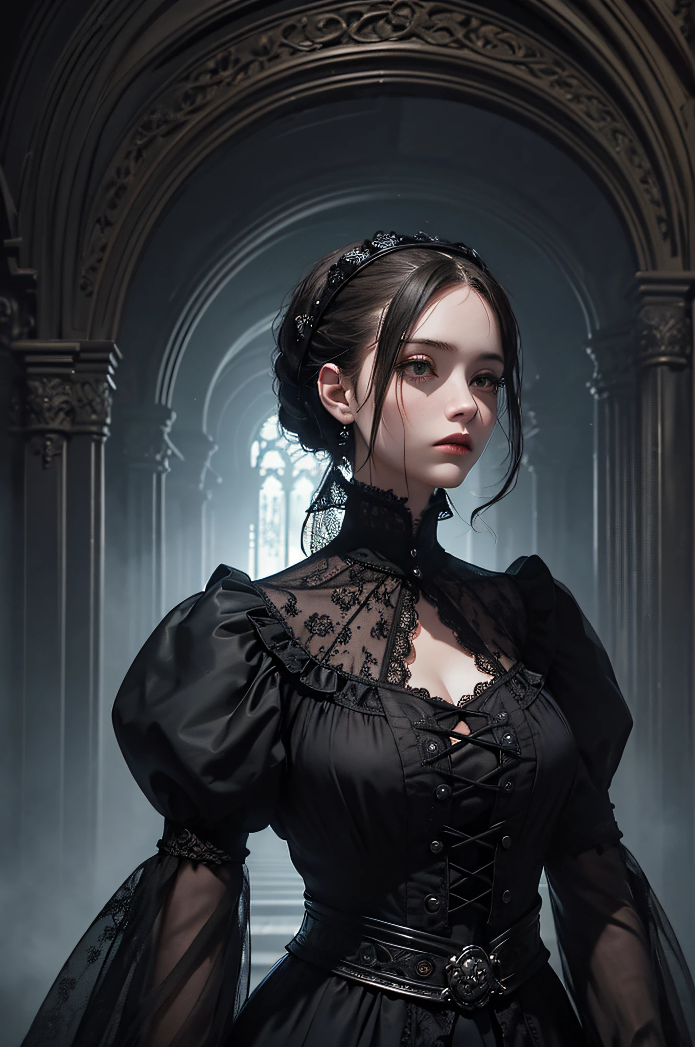 Official Art, Unity 8k wallpaper, super detailed, beautiful, beautiful, masterpiece, best quality,
darkness, atmosphere, mystery, romanticism, creepy, literature, art, fashion, victorian, decoration, intricacies, ironwork, lace, contemplation, emotional depth, supernatural,
1 girl, solo, neck, bust composition