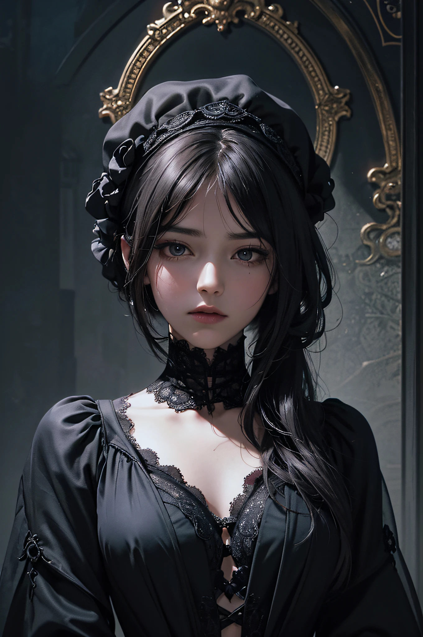 Official Art, Unity 8k wallpaper, super detailed, beautiful, beautiful, masterpiece, best quality,
darkness, atmosphere, mystery, romanticism, creepy, literature, art, fashion, victorian, decoration, intricacies, ironwork, lace, contemplation, emotional depth, supernatural,
1 girl, solo, neck, bust composition
