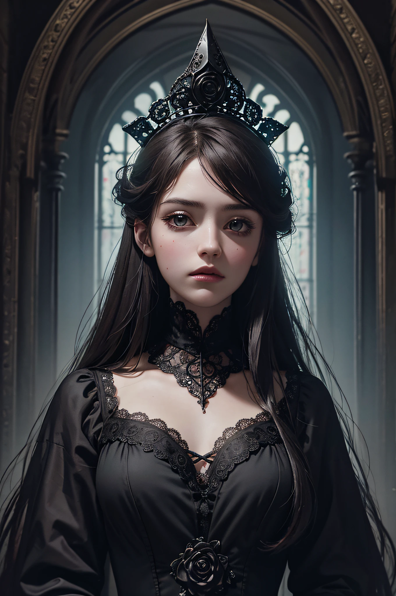 Official Art, Unity 8k wallpaper, super detailed, beautiful, beautiful, masterpiece, best quality,
darkness, atmosphere, mystery, romanticism, creepy, literature, art, fashion, victorian, decoration, intricacies, ironwork, lace, contemplation, emotional depth, supernatural,
1 girl, solo, neck, bust composition