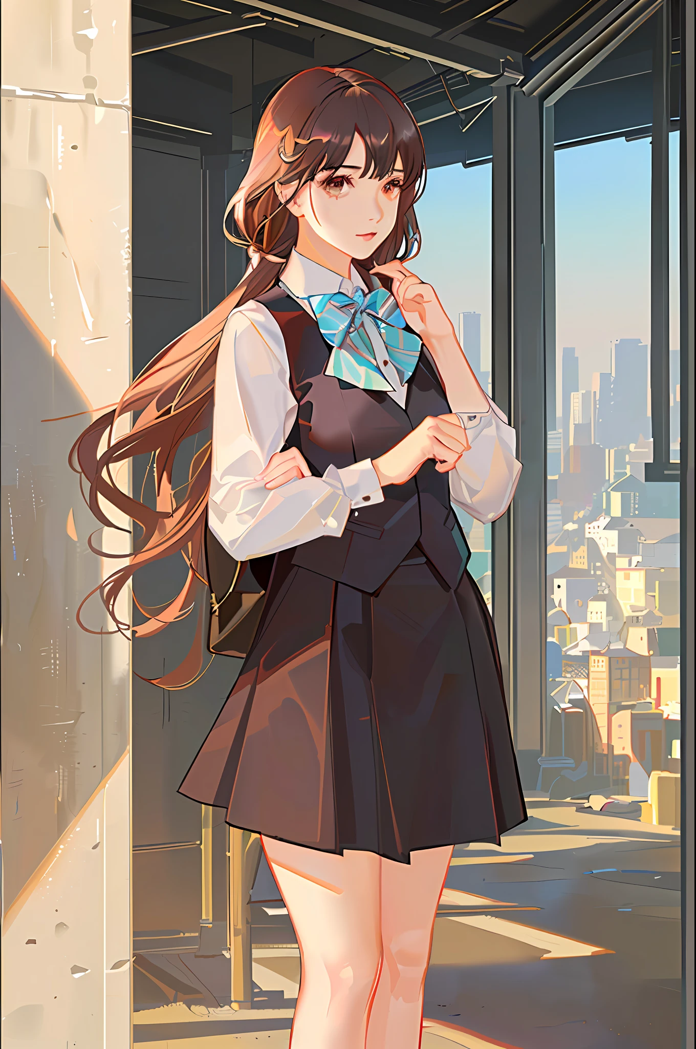 1girl, matured female, vest, bow, photo, realistic, best quality, hires, detailed face, office, buildings from window, detailed background, diffused sunlight, depth of field, bokeh
