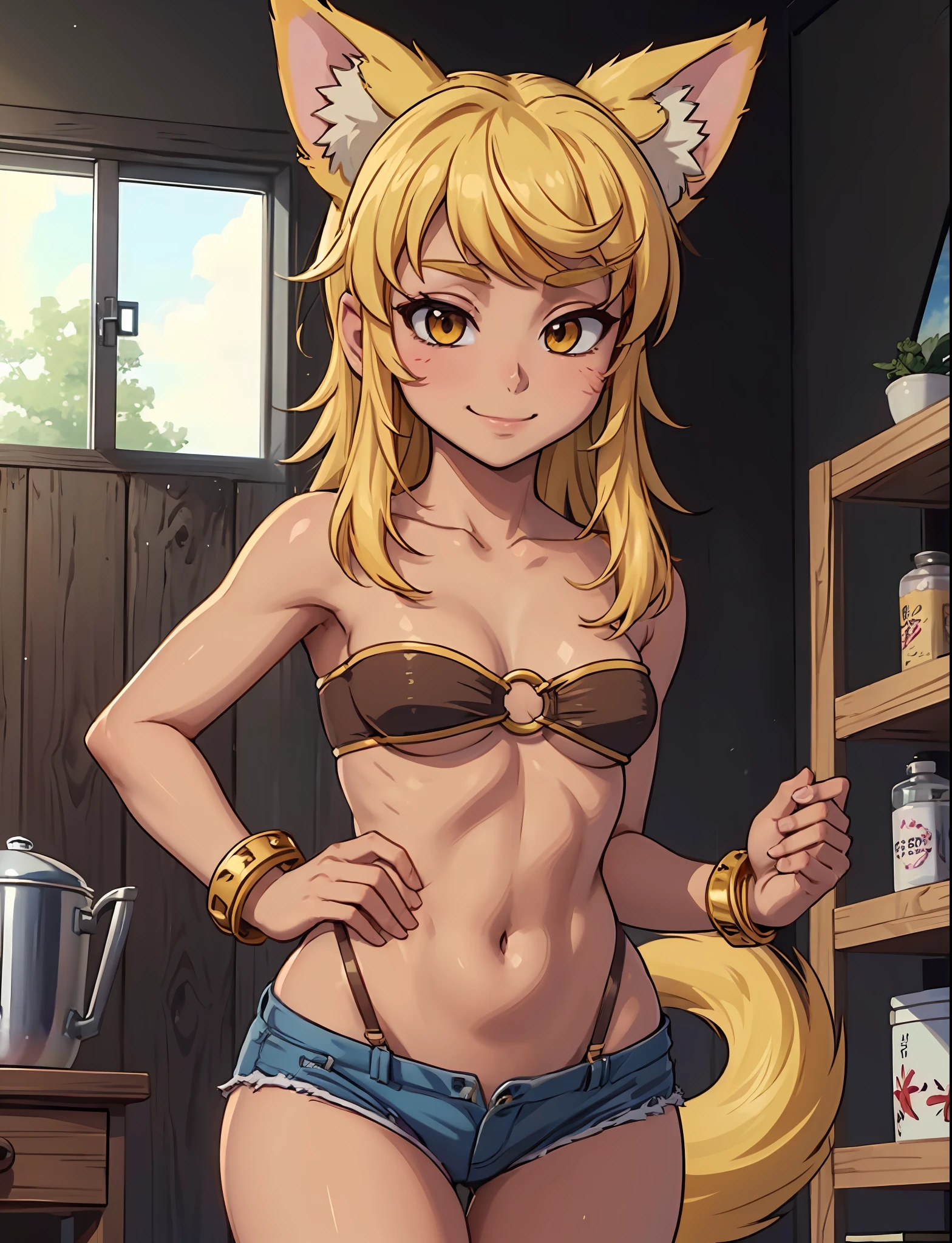 (masterpiece, best quality, highres, absurdres, ultra-detailed:1.3), 1girl, (undressing top: 1.6), (liru the wolf girl:1.3), ((smile, tan skin, long hair, beltbra, belt bra, medium breasts, bracelet, short jean shorts, blonde hair, whisker markings, wolf girl, wolf ears, wolf tail, Magipoka, Magical Pokan, anime style)),