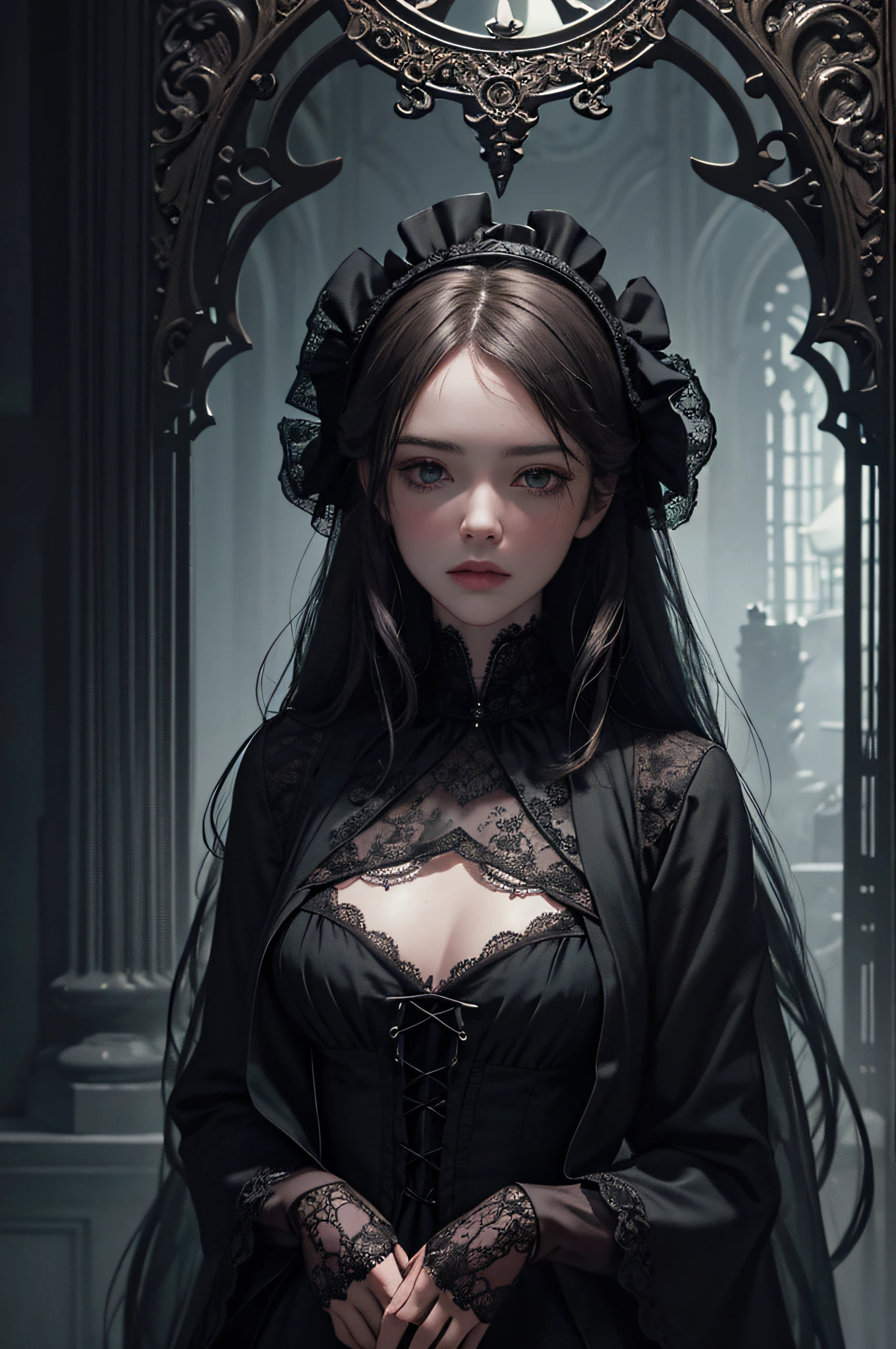 Official Art, Unity 8k wallpaper, super detailed, beautiful, beautiful, masterpiece, best quality,
darkness, atmosphere, mystery, romanticism, creepy, literature, art, fashion, victorian, decoration, intricacies, ironwork, lace, contemplation, emotional depth, supernatural,
1 girl, solo, neck, bust composition