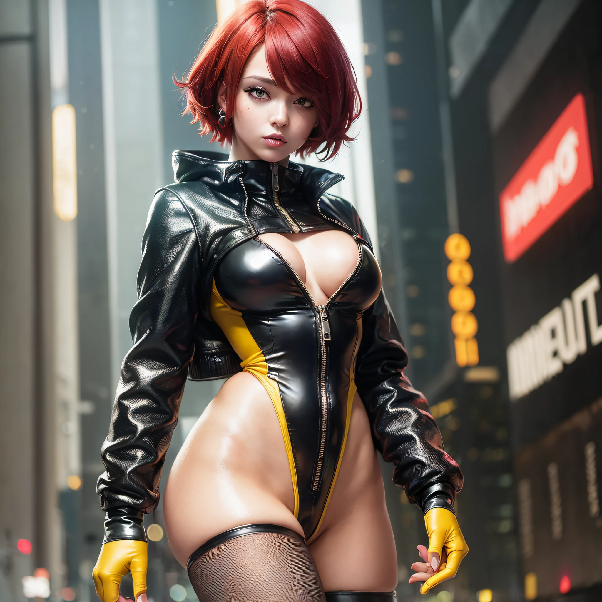 [(beautiful woman:1.5),(cyberpunk:1.3),(swimsuit:1.2), black drag pantyhose,(short hair:1.2),(red hair:1.3),(yellow eyes:1.3),(leather glove:1.1),(leather boot:1.2), (long boot:1.1)] high quality