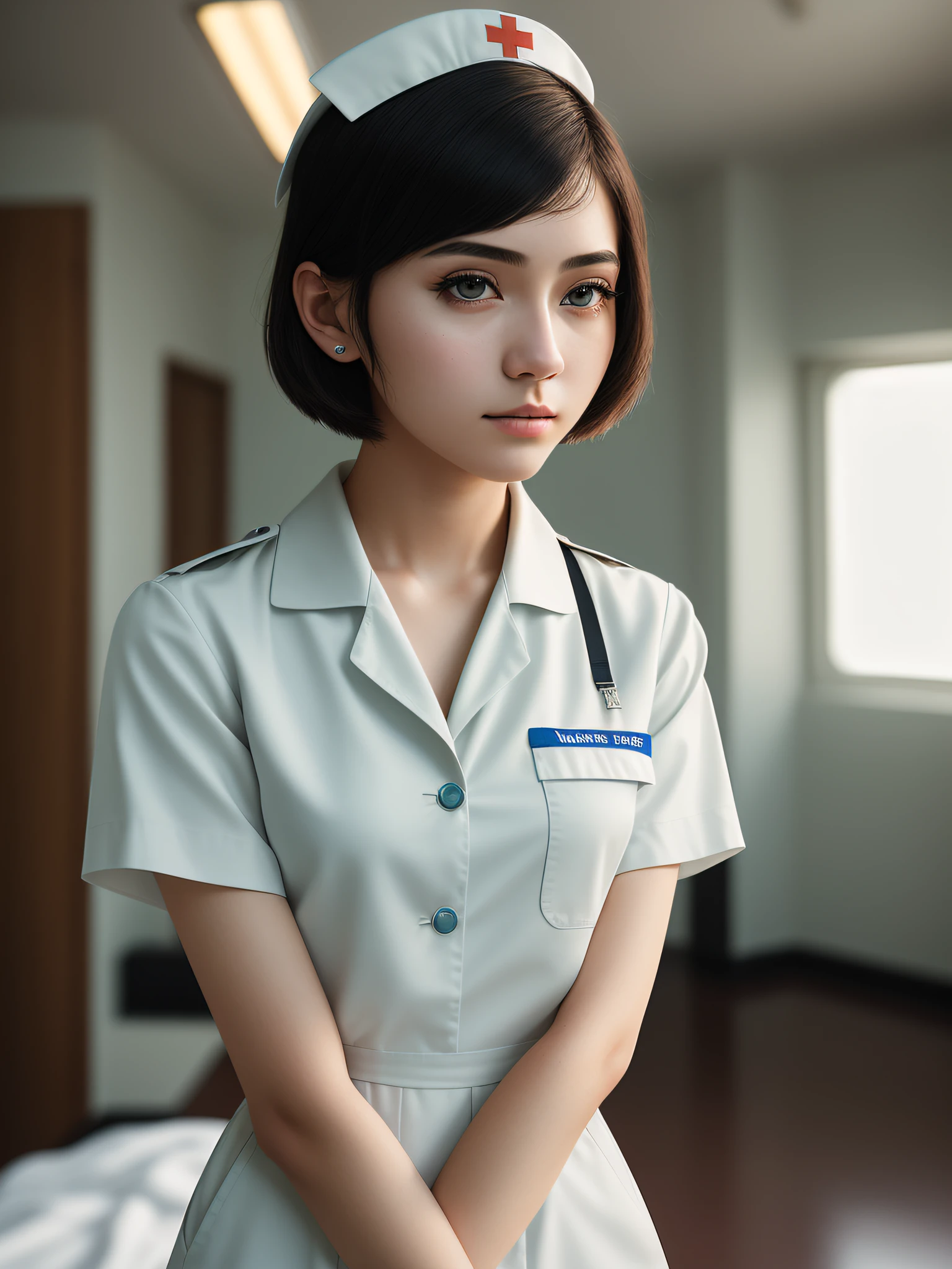 Cinematic lens, centered, cinematography, intricate details, meticulously crafted, magnificent, maximum detail, extremely beautiful, realistic, (((1girl, solo))), 18 years old, short hair, black hair, (((center))), nurse's uniform,