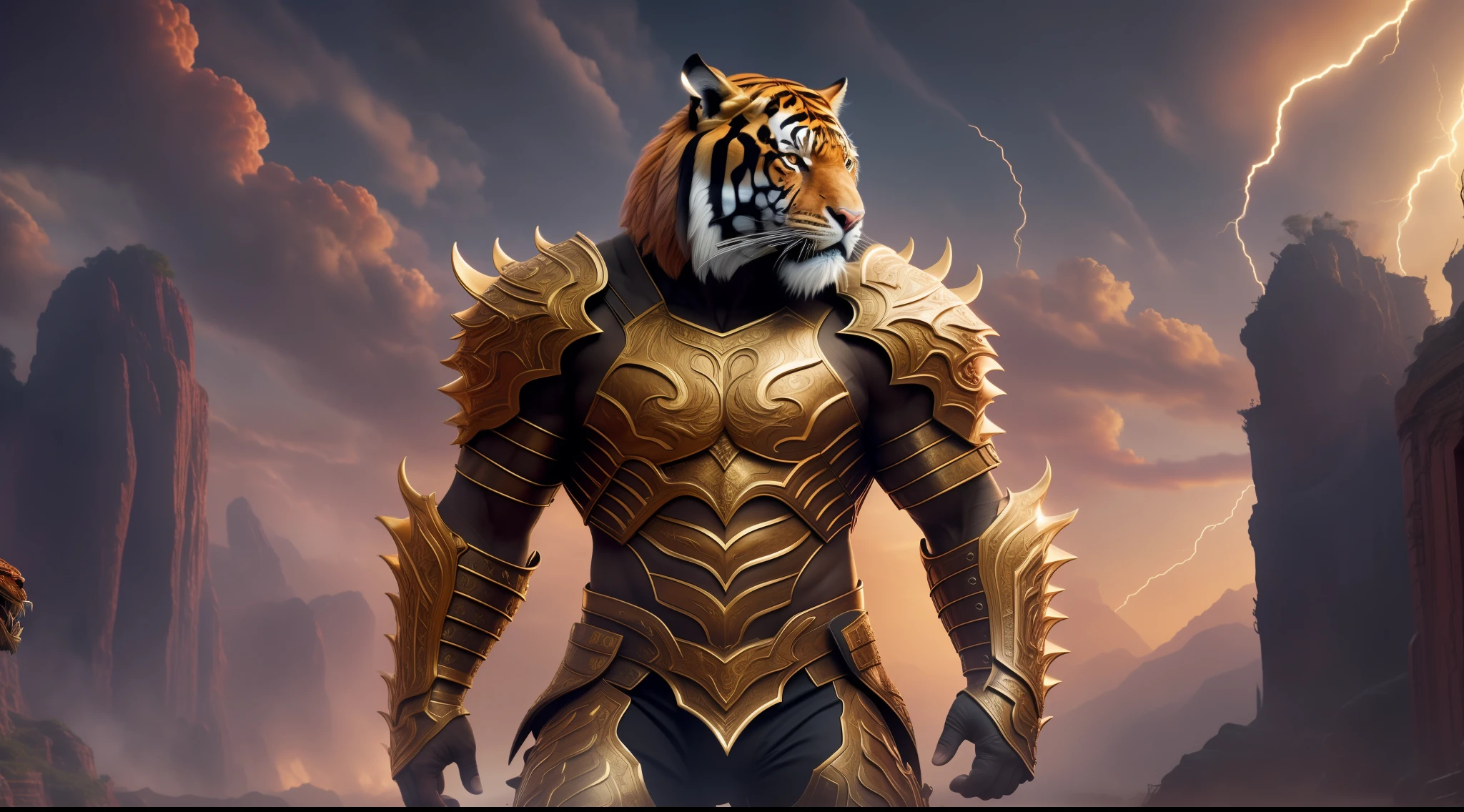 The description is of a muscular pink man with a tiger head, image of the man in 3d, portrayed hyper-realistically in a full-body image. He is wearing an imposing red dragon armor. The surrounding scenery is war, creating an intense and dramatic atmosphere., high detail, speed lines, 360 view, cinematic lighting, Surrealism, Ultra-Wide Angle, Renaissance, 8k, UHD, retina, anatomically correct, high quality, award winning, highres, 16k, 8k, UHD, retina, anatomically correct, high quality, award winning, highres