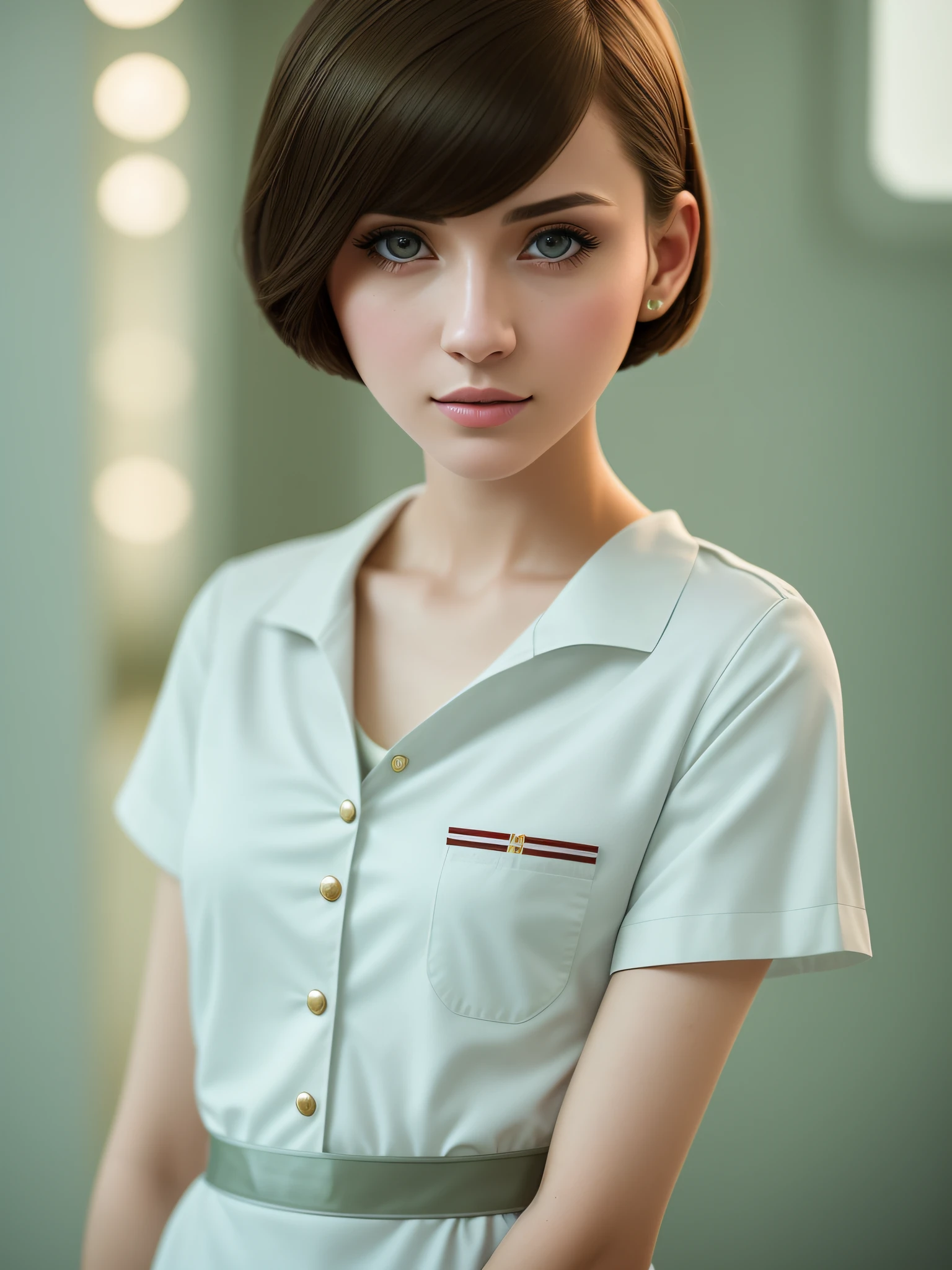 Cinematic lens, centered, cinematography, intricate details, meticulously crafted, magnificent, maximum detail, extremely beautiful, realistic, (((1girl, solo))), 25 years old, short hair, brunette, (((center))), nurse's uniform,