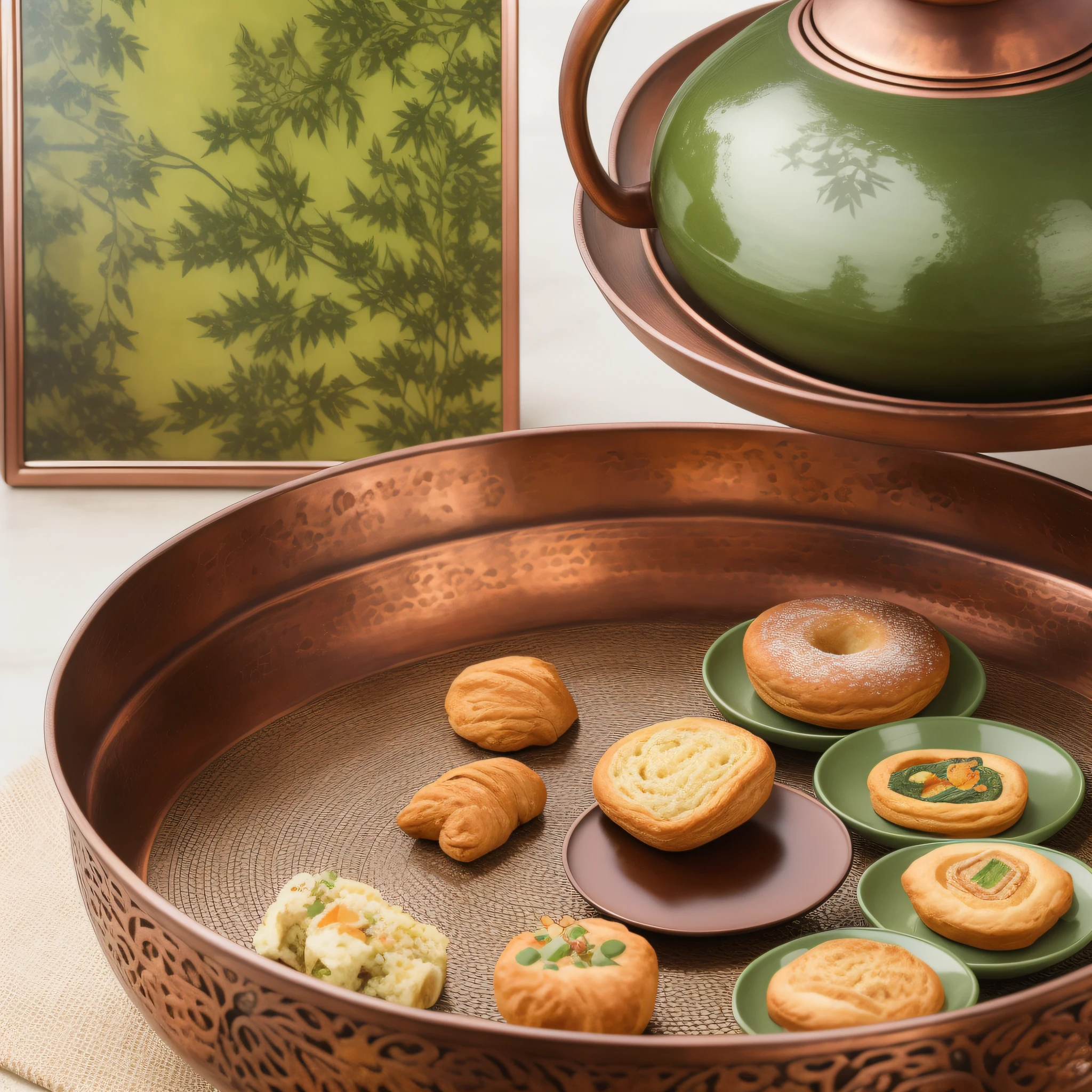 Masterpiece, HD, a poster, vegetarian, copper incense burner, green tobacco, tea set, pastries and tea, tableware, --auto --s2