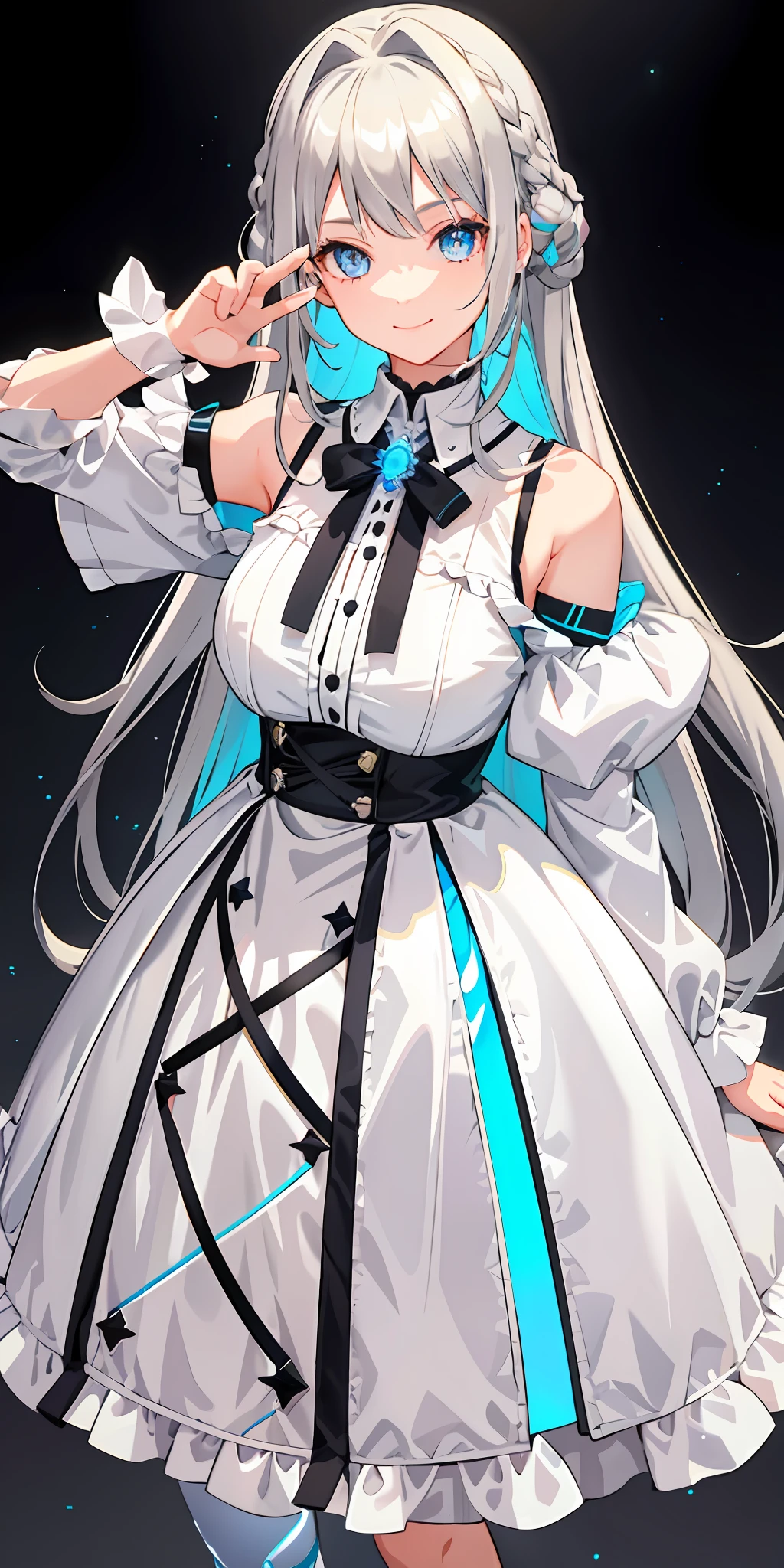 1girl, bright, blonde gradient gray hair, mesh gray hair, light blue eyes, colorful hair, saleme, side lights, light particles, wallpaper, big, plump, idol, idol costume, loose fluffy, smile, gentle, clear, loli