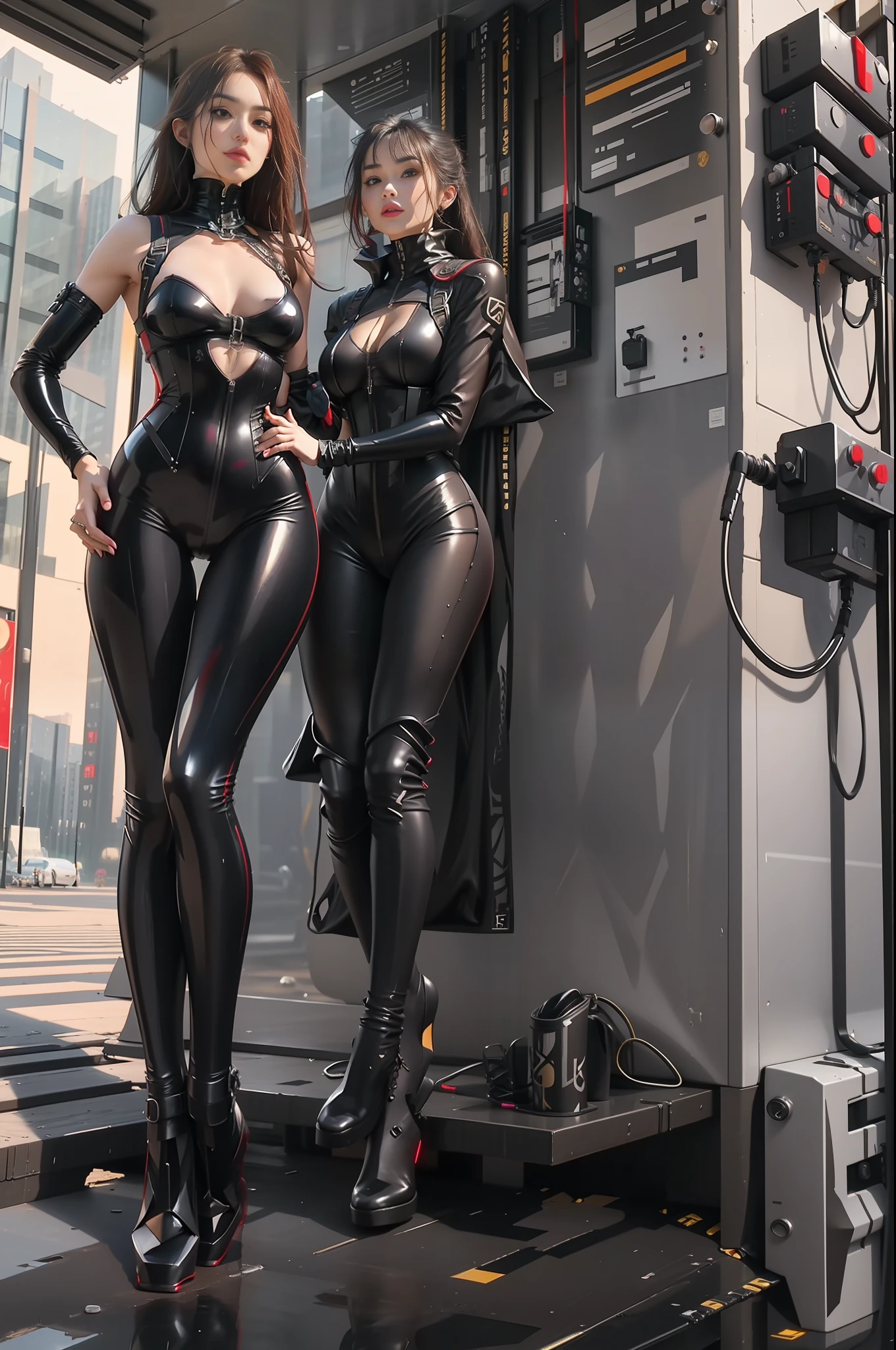 full body picture Unreal Engine 5 8K UHD of beautiful women, wearing futuristic black tight latex catsuit, neck collar, beauty makeup, body harness, arm and leg cuffs, corset, best quality, masterpiece