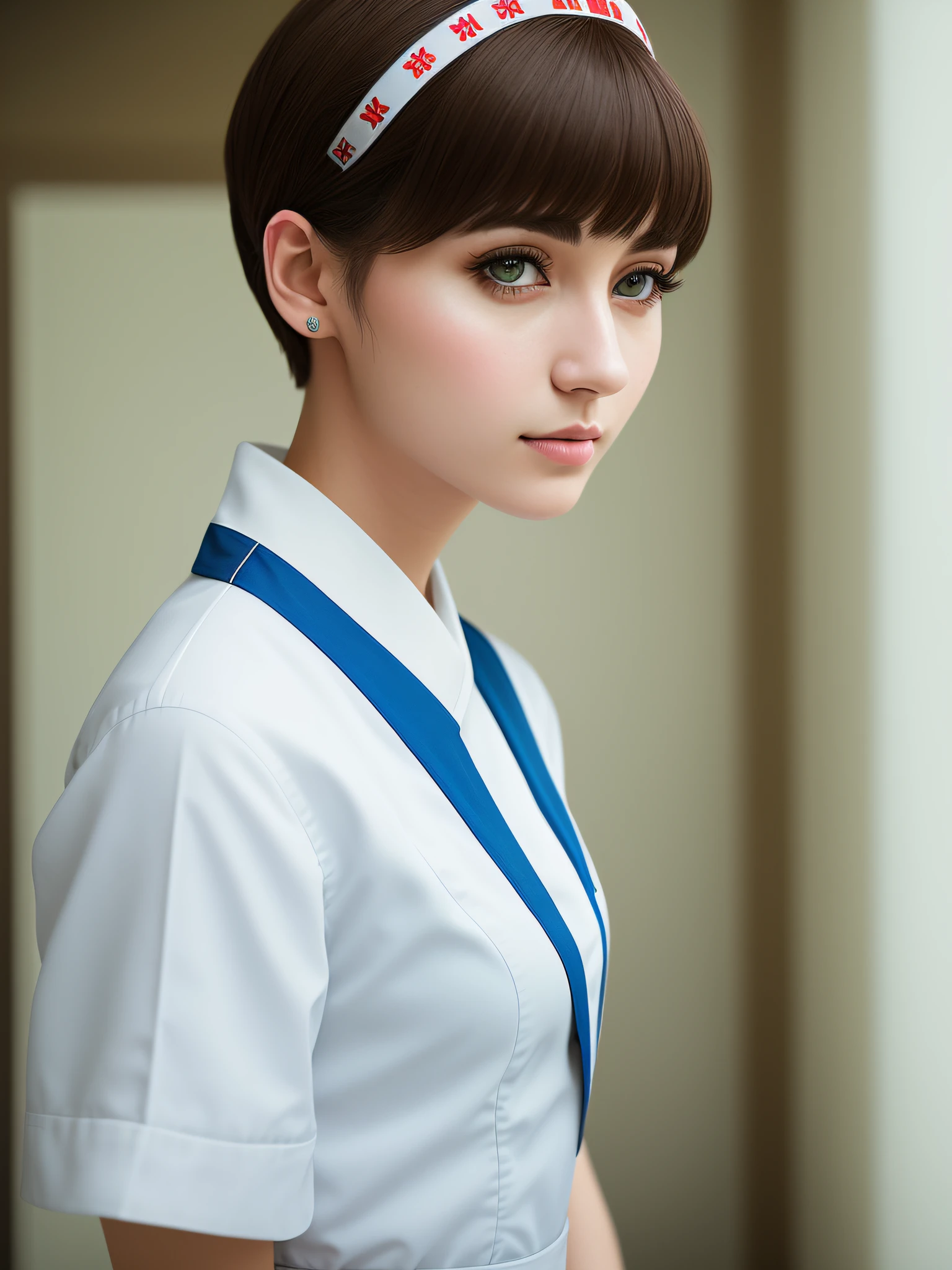 Cinematic lens, centered, cinematography, intricate details, meticulously crafted, magnificent, maximum detail, extremely beautiful, realistic, (((1girl, solo))), 25 years old, short hair, brunette, (((center))), nurse's uniform,