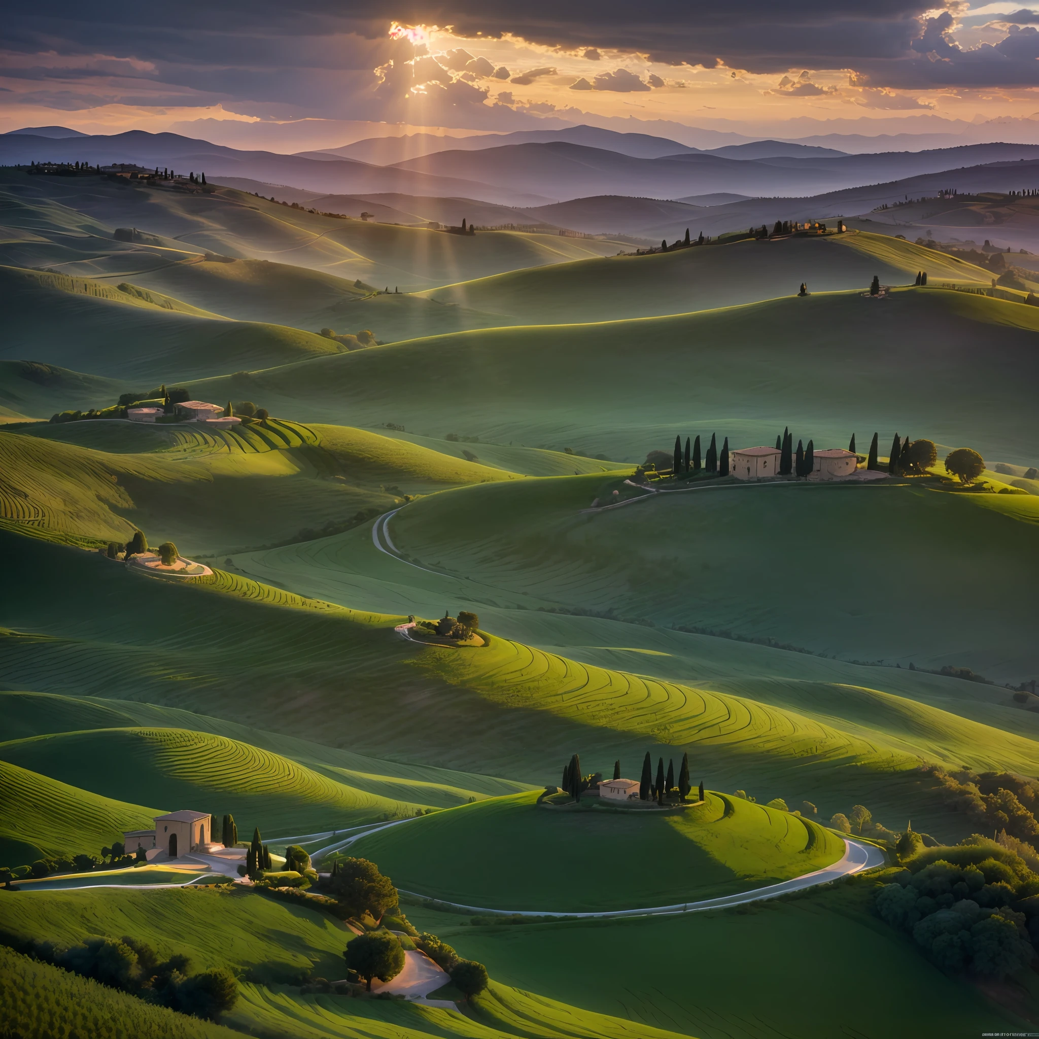 (extremely detailed CG unity 8k wallpaper,masterpiece, best quality, ultra-detailed),(best illumination, best shadow, an extremely delicate and beautiful),lush green valley, rolling hills, cypress trees, Tuscany,Val D'orcia, picturesque sunset glow, dramatic clouds, serene and tranquil, breathtaking view.