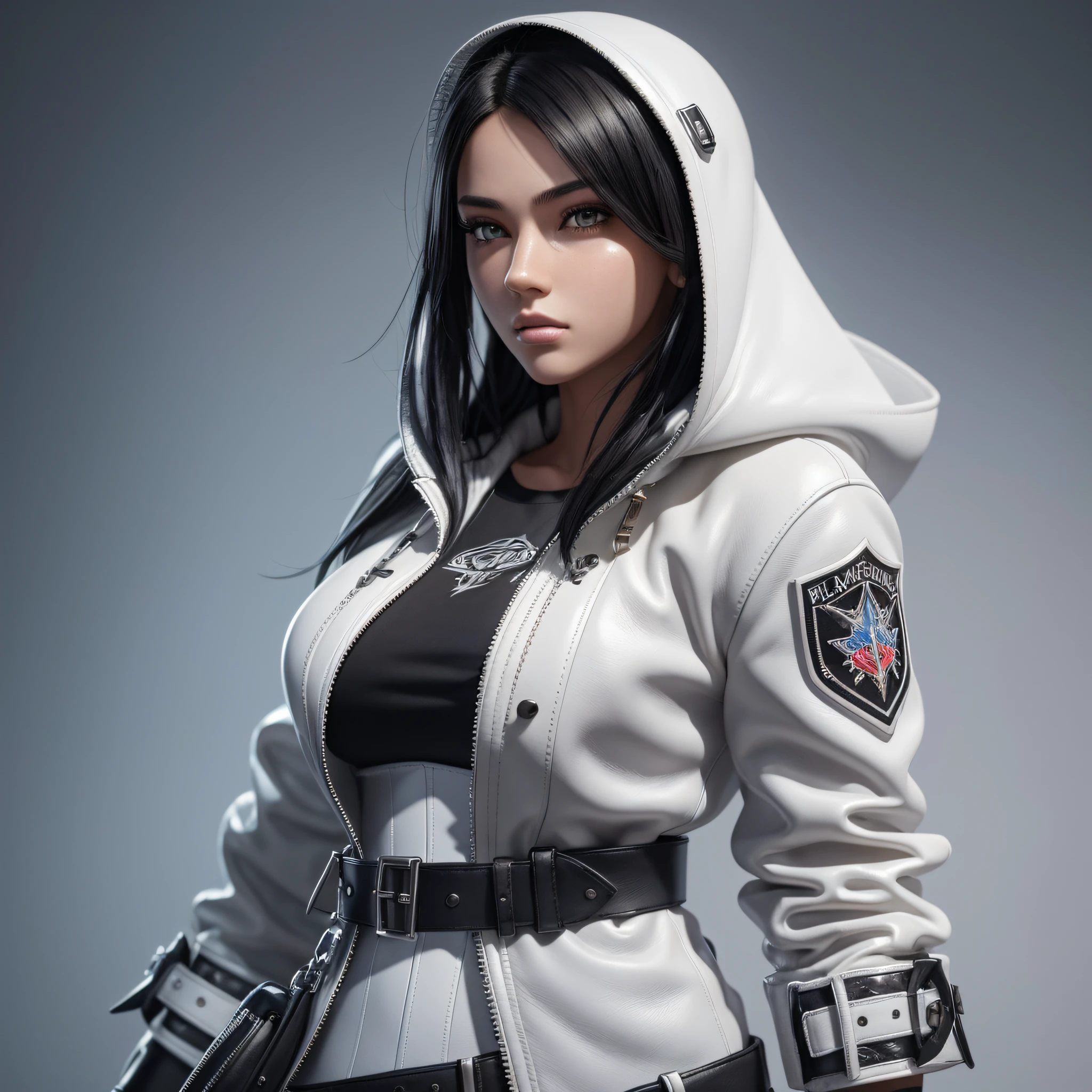 a full body cartoon girl with a very beautiful realistic face and realistic black hair, Ultra detailed complex 3d rendering of a beautiful profile face, in white tight leather pants, with jacket with hood, global illumination, masterpiece, with perfect soft curves, 3d render stylized, post - apocalyptic cowgirl, marmoset toolbag rendered, A stunningly realistic 18-year-old portrayed in a masterpiece of ultra-detailed artwork, ultra quality render, with black belts and bags like RPG concept, ultra detailed ornaments in clothes, with tattoo in neck and boobs, with variations, soft lighting, high quality, volumetric lighting, photorealistic, dark studio, rim lighting, tone lighting. --auto --s2