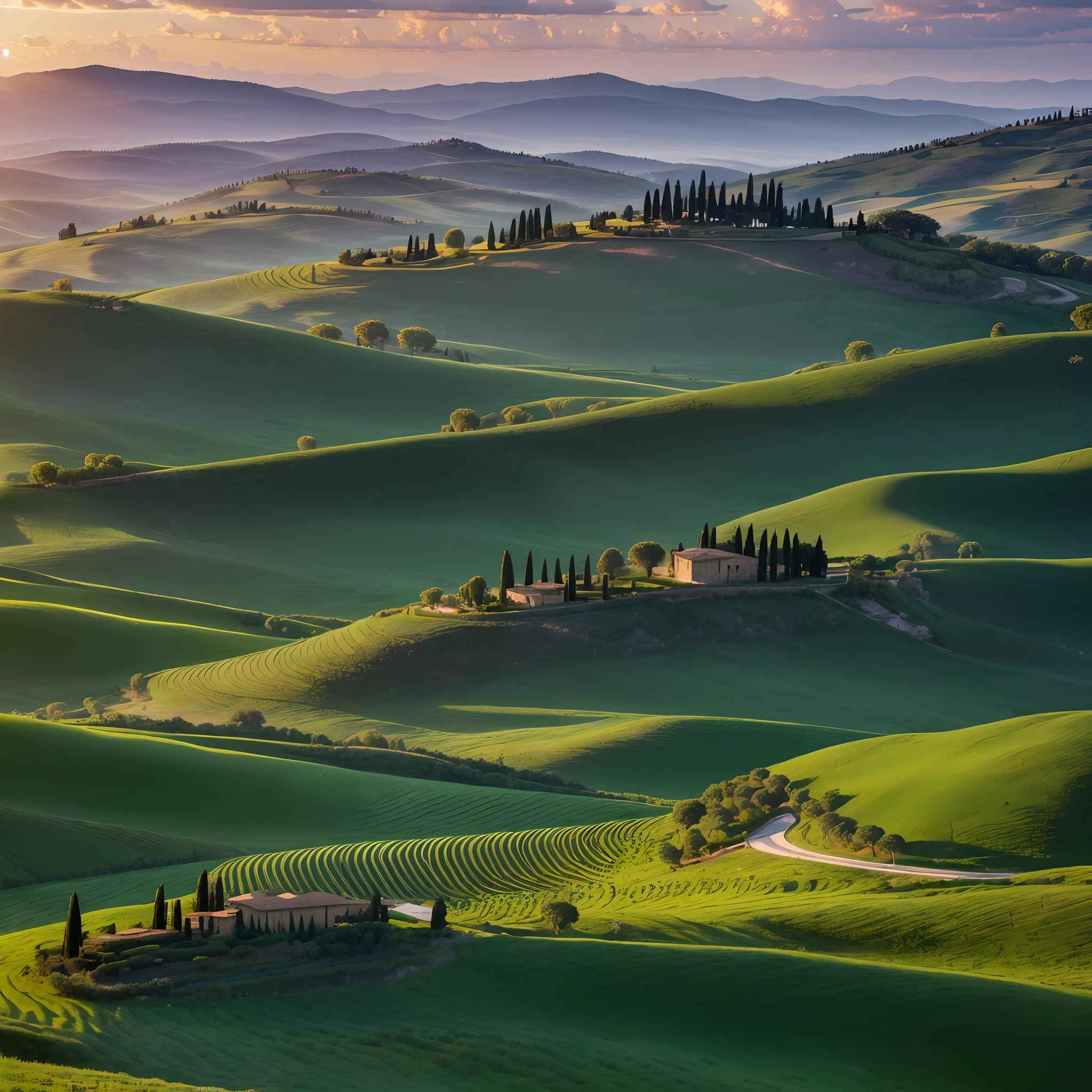 (extremely detailed CG unity 8k wallpaper,masterpiece, best quality, ultra-detailed),(best illumination, best shadow, an extremely delicate and beautiful),lush green valley, rolling hills, cypress trees, Tuscany,Val D'orcia, picturesque sunset glow, dramatic clouds, serene and tranquil, breathtaking view.