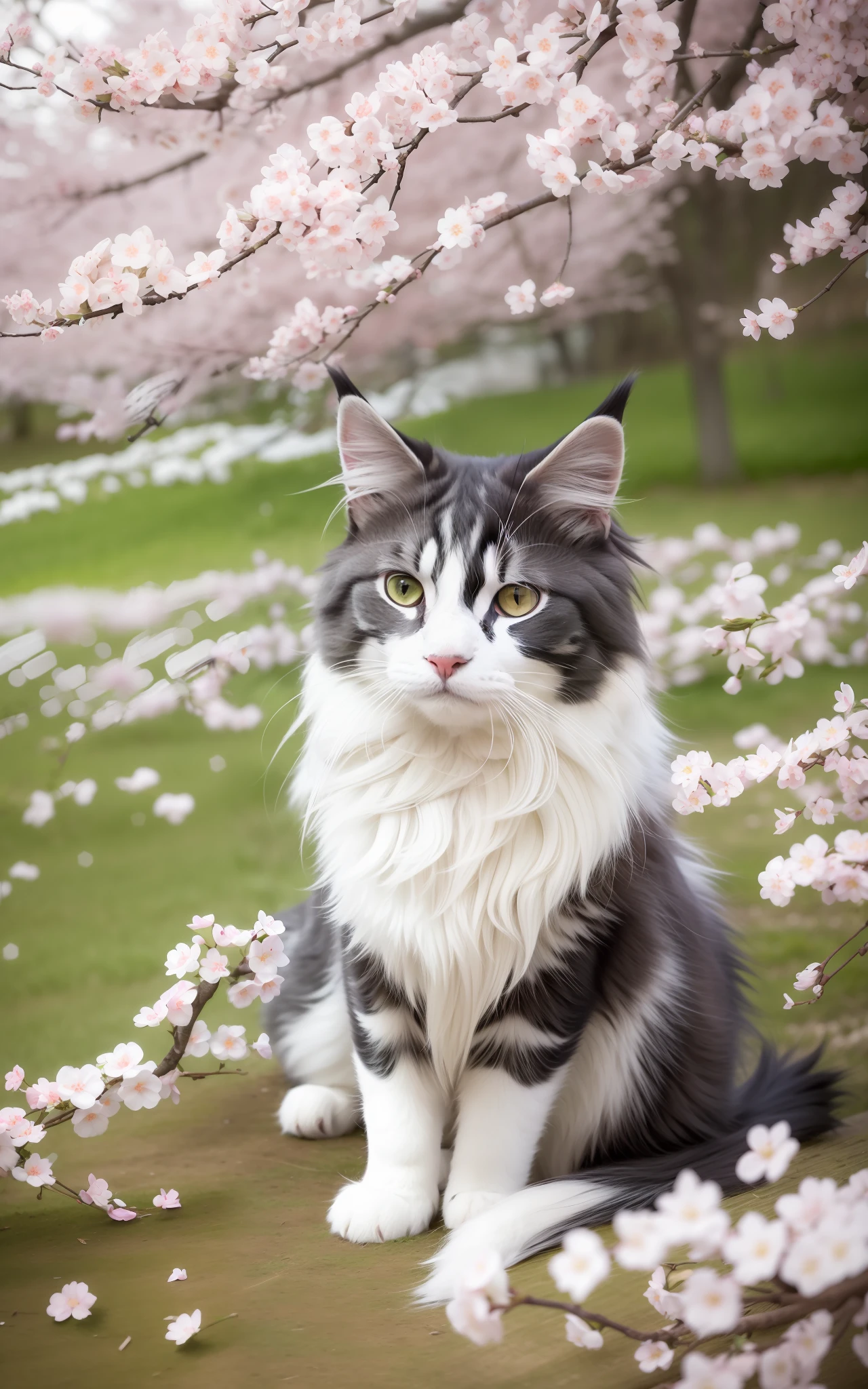 "A Norwegian Forest Cat with deep grey and white stripes is playing under a cherry blossom tree. Its robust figure harmonizes with the fresh green of spring."