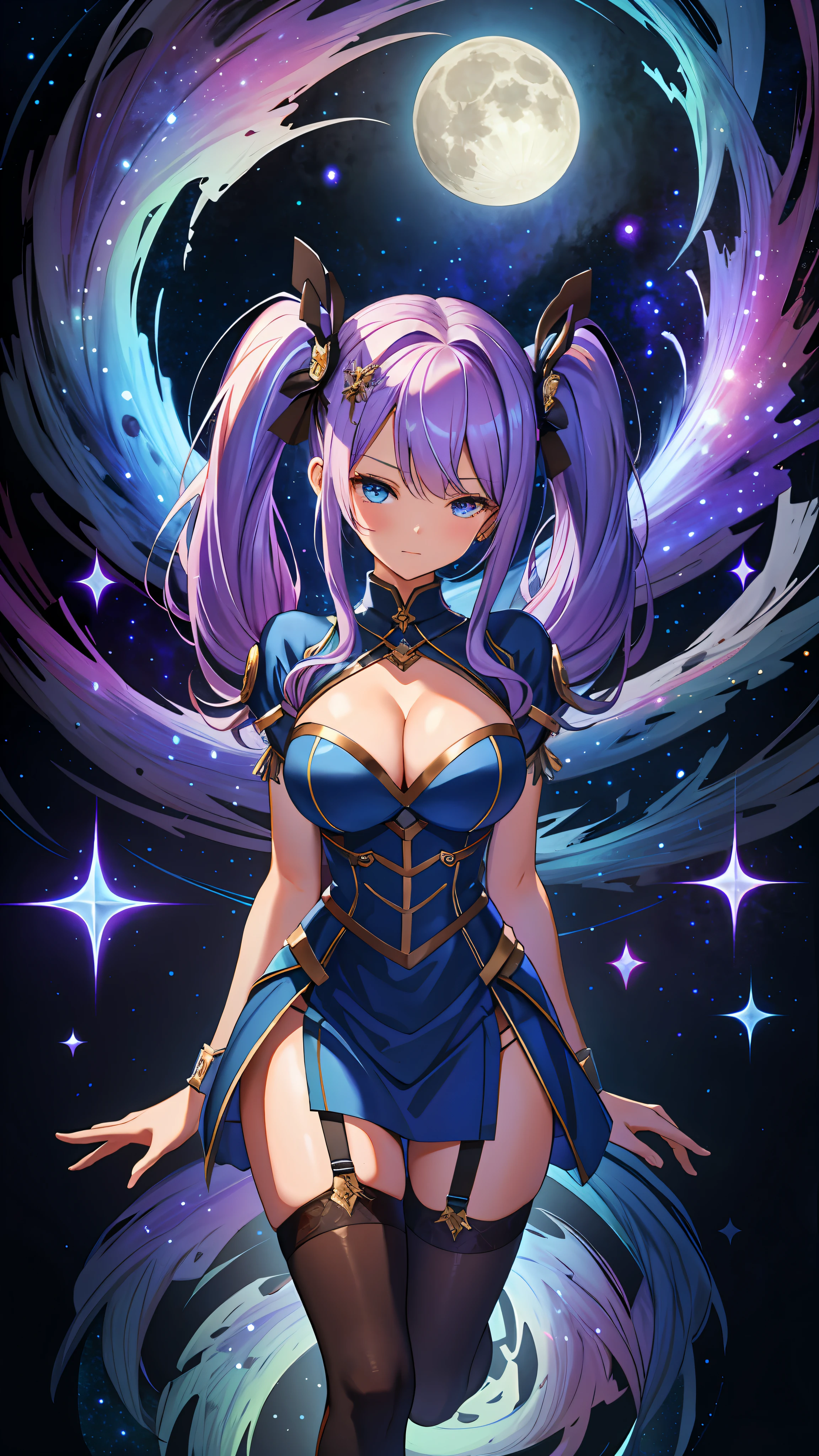 , Sexy, from above, facing viewer, eyes close up, covered cleavage, galaxy reflection on eyes, galaxy eyes, univers hair, twintail, busty, moon background, full body, 8k, absurd quality, beautiful face, hands out of frame,absurd res, high res, (masterpiece:1.4), ultra-detailed, 1girl, from front, jumping, stockings, galaxy hair, galaxy shape eyes, Andromeda eyes, garter belt, yandere, twintail