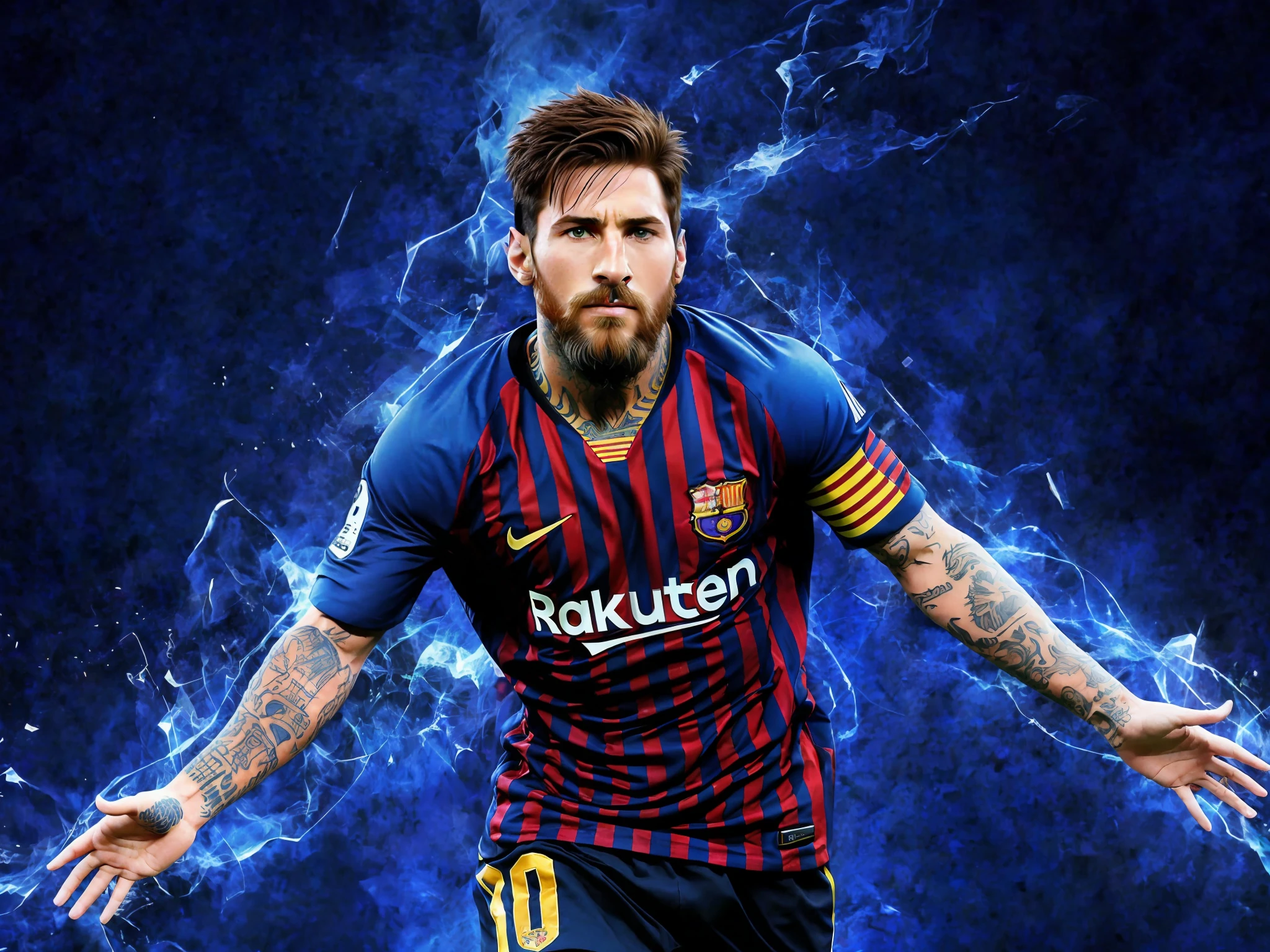 Arafed image of a man with beard and a tattoo on his arm, Messi, Lionel Messi, Lionel Messi portrait, the best ever, 4K wallpaper, 4K wallpaper, Messi as cyborg, Messi as a viking, HQ 4k wallpaper, amazing wallpaper, mobile wallpaper, 4K vertical wallpaper,  4k vertical wallpaper, 8k vertical wallpaper, scanned image, photoshop, anime