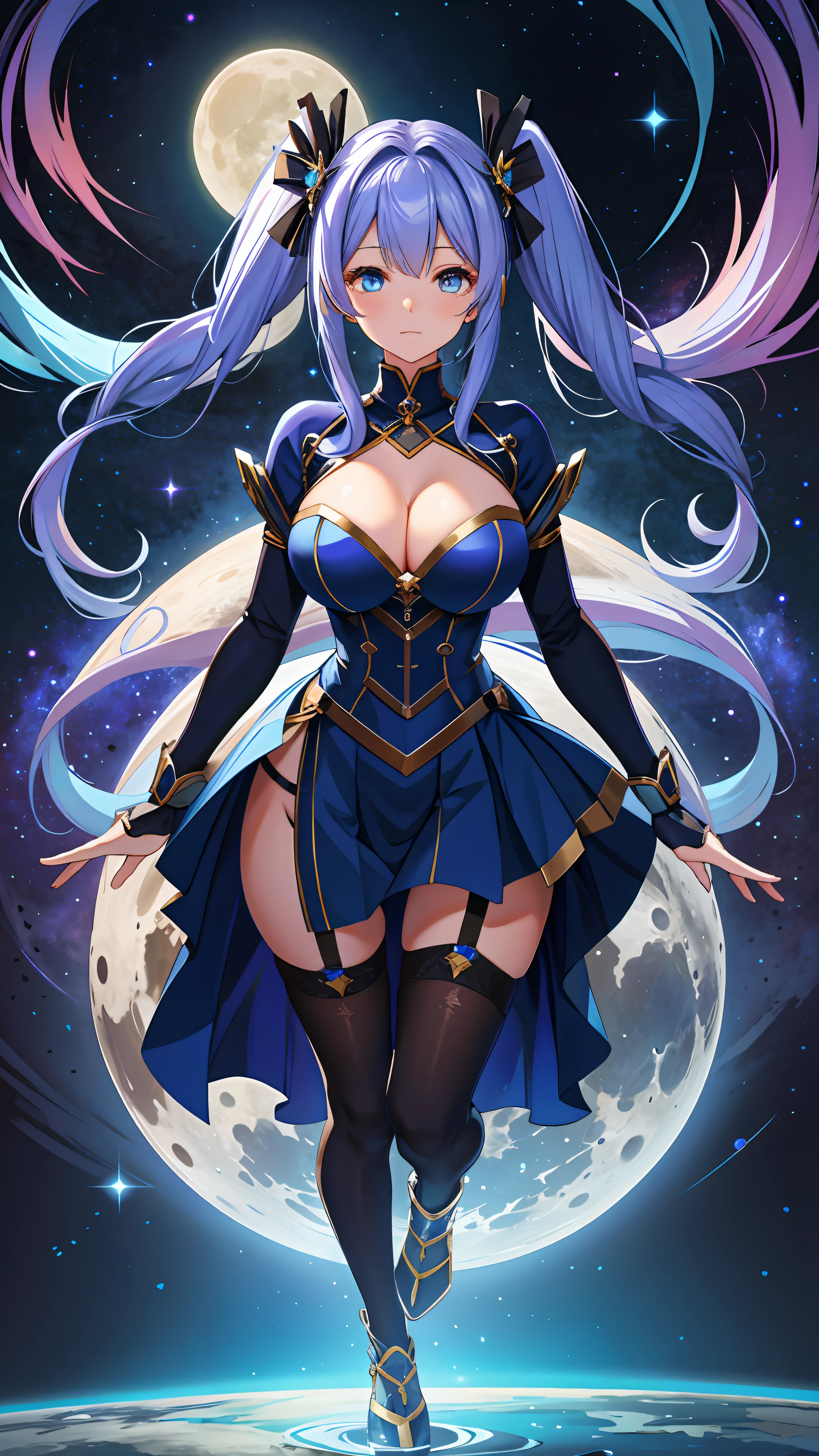 , Sexy, from above, facing viewer, eyes close up, covered cleavage, galaxy reflection on eyes, galaxy eyes, univers hair, twintail, busty, moon background, full body, 8k, absurd quality, beautiful face, hands out of frame,absurd res, high res, (masterpiece:1.4), ultra-detailed, 1girl, from front, jumping, stockings, galaxy hair, galaxy shape eyes, Andromeda eyes, garter belt, yandere, twintail