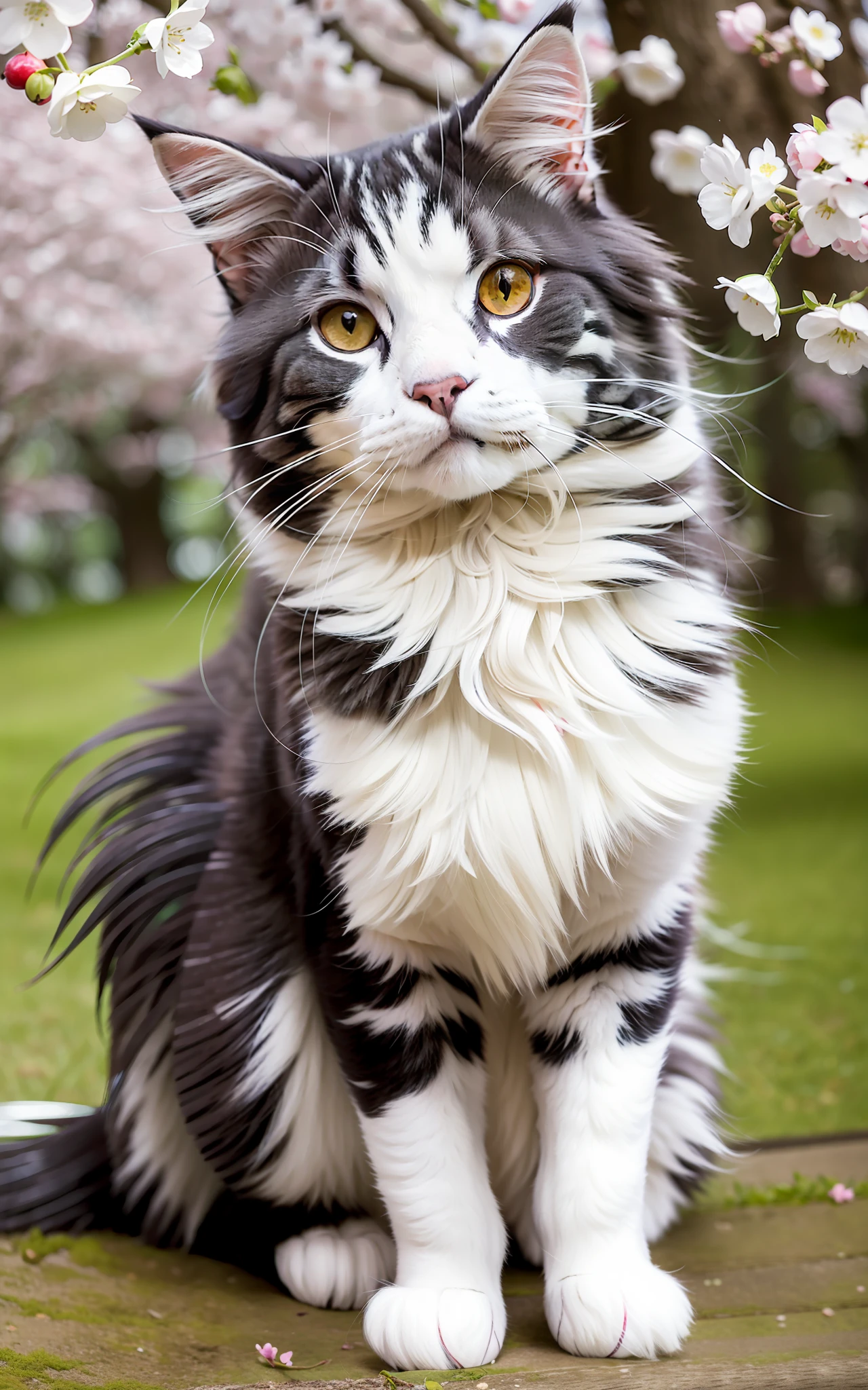 "A Norwegian Forest Cat with deep grey and white stripes is playing under a cherry blossom tree. Its robust figure harmonizes with the fresh green of spring."