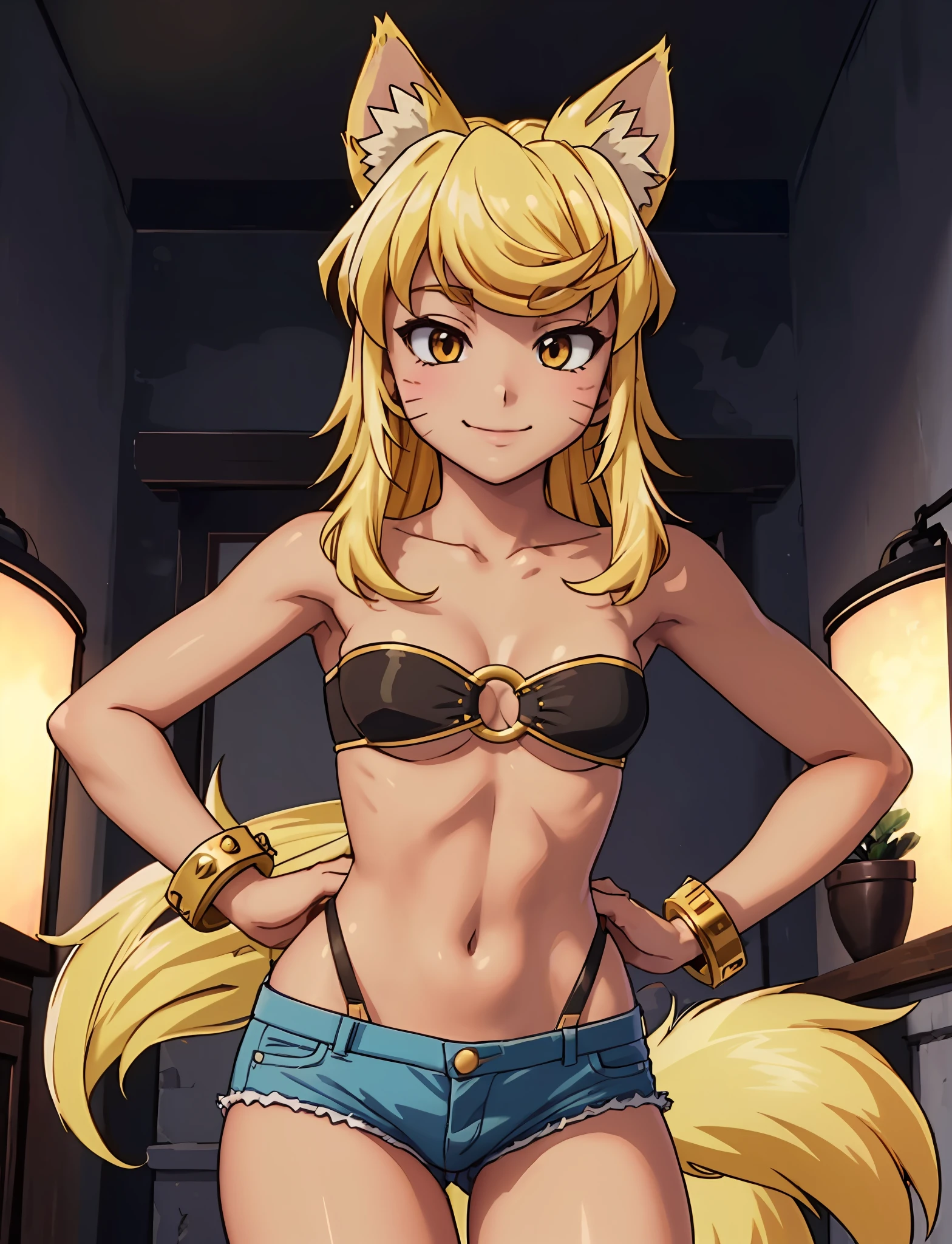 (masterpiece, best quality, highres, absurdres, ultra-detailed:1.3), 1girl, (undressing top: 1.6), (liru the wolf girl:1.3), ((smile, tan skin, long hair, beltbra, belt bra, medium breasts, bracelet, short jean shorts, blonde hair, whisker markings, wolf girl, wolf ears, wolf tail, Magipoka, Magical Pokan, anime style)),