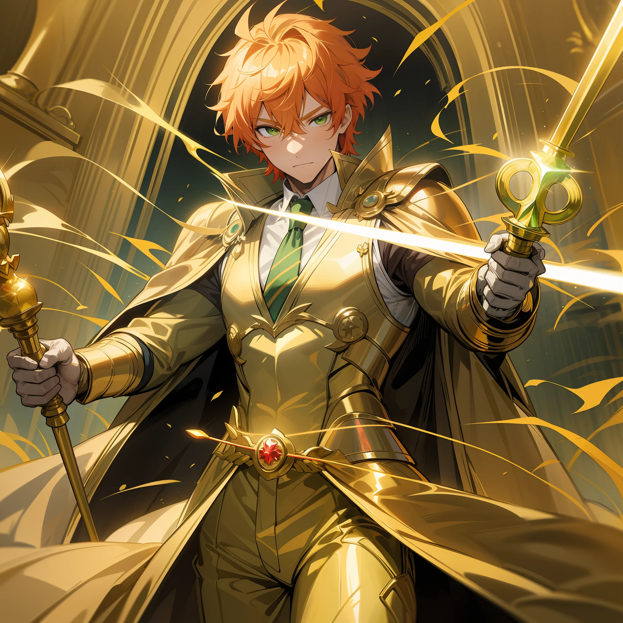 A boy in a golden suit, golden cape, golden crown, green tie, green eyes, white and red hair, holding a golden scepter, behind him are countless golden arms holding huge golden knives and countless golden dragons