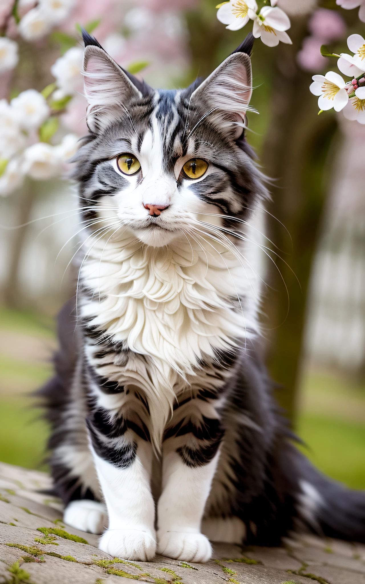 "A Norwegian Forest Cat with deep grey and white stripes is playing under a cherry blossom tree. Its robust figure harmonizes with the fresh green of spring."