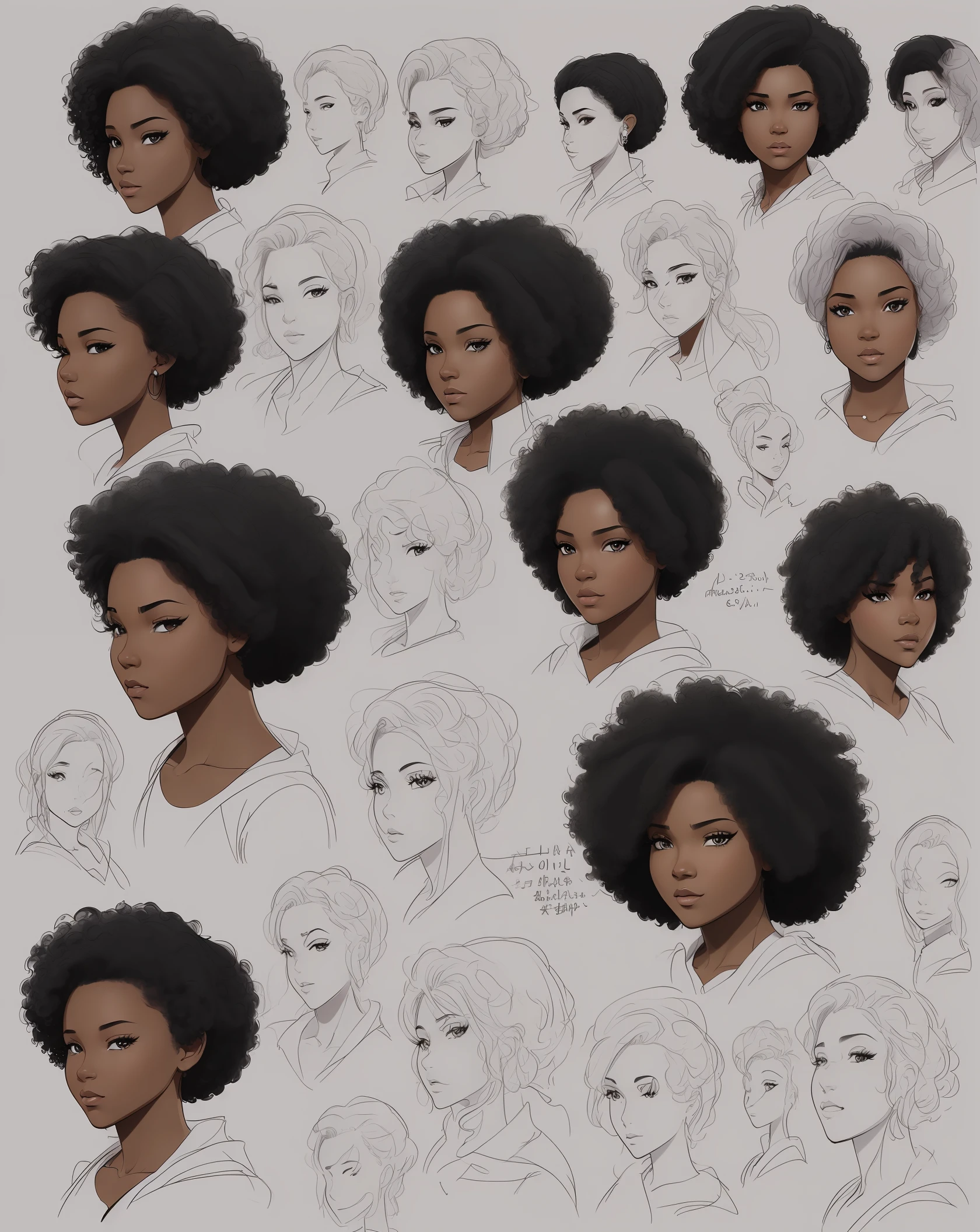 ((masterpiece)),(((best quality)),(character design sheet, same character, front, side, back), illustration, realism, black, afro hair