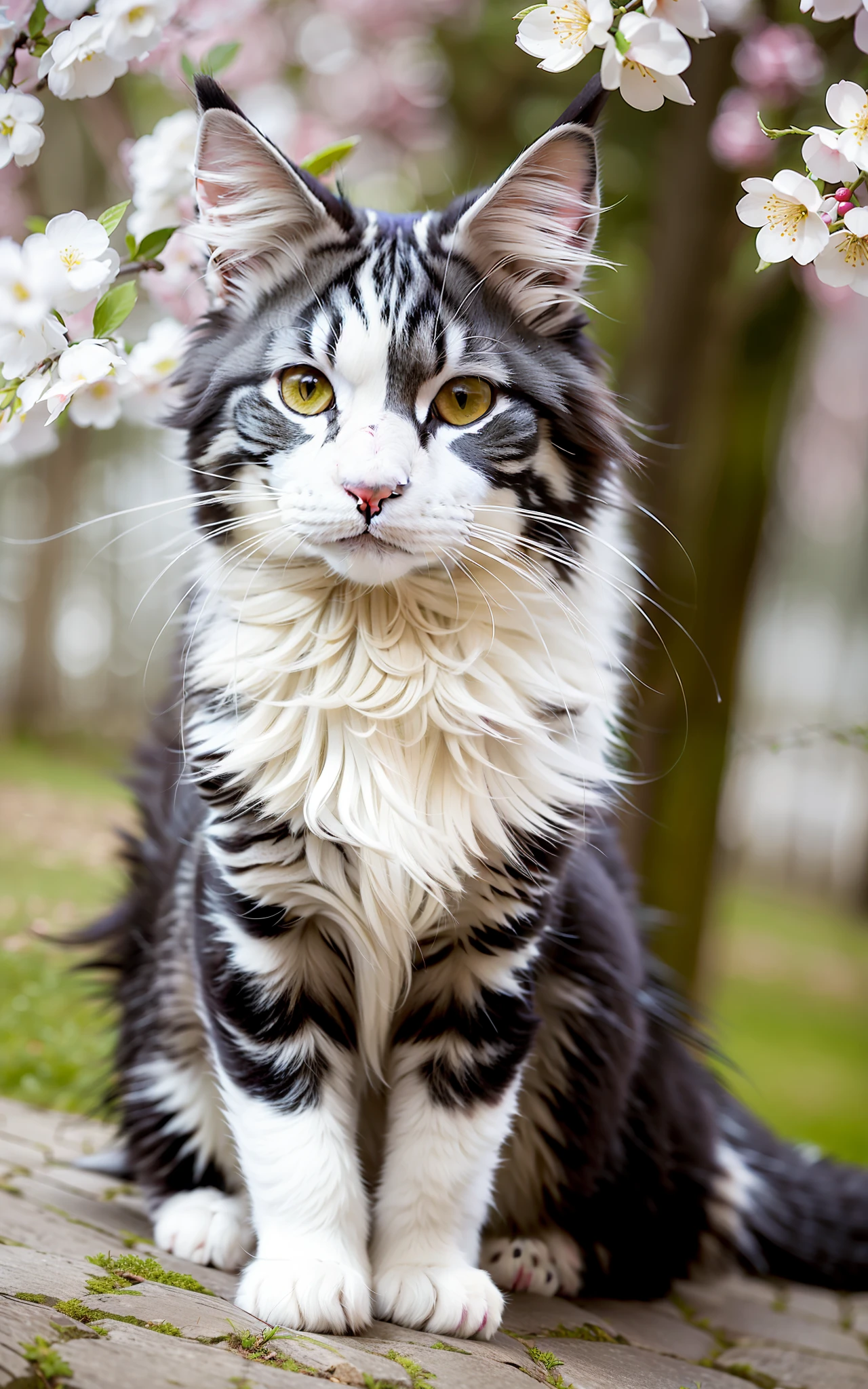 "A Norwegian Forest Cat with deep grey and white stripes is playing under a cherry blossom tree. Its robust figure harmonizes with the fresh green of spring."