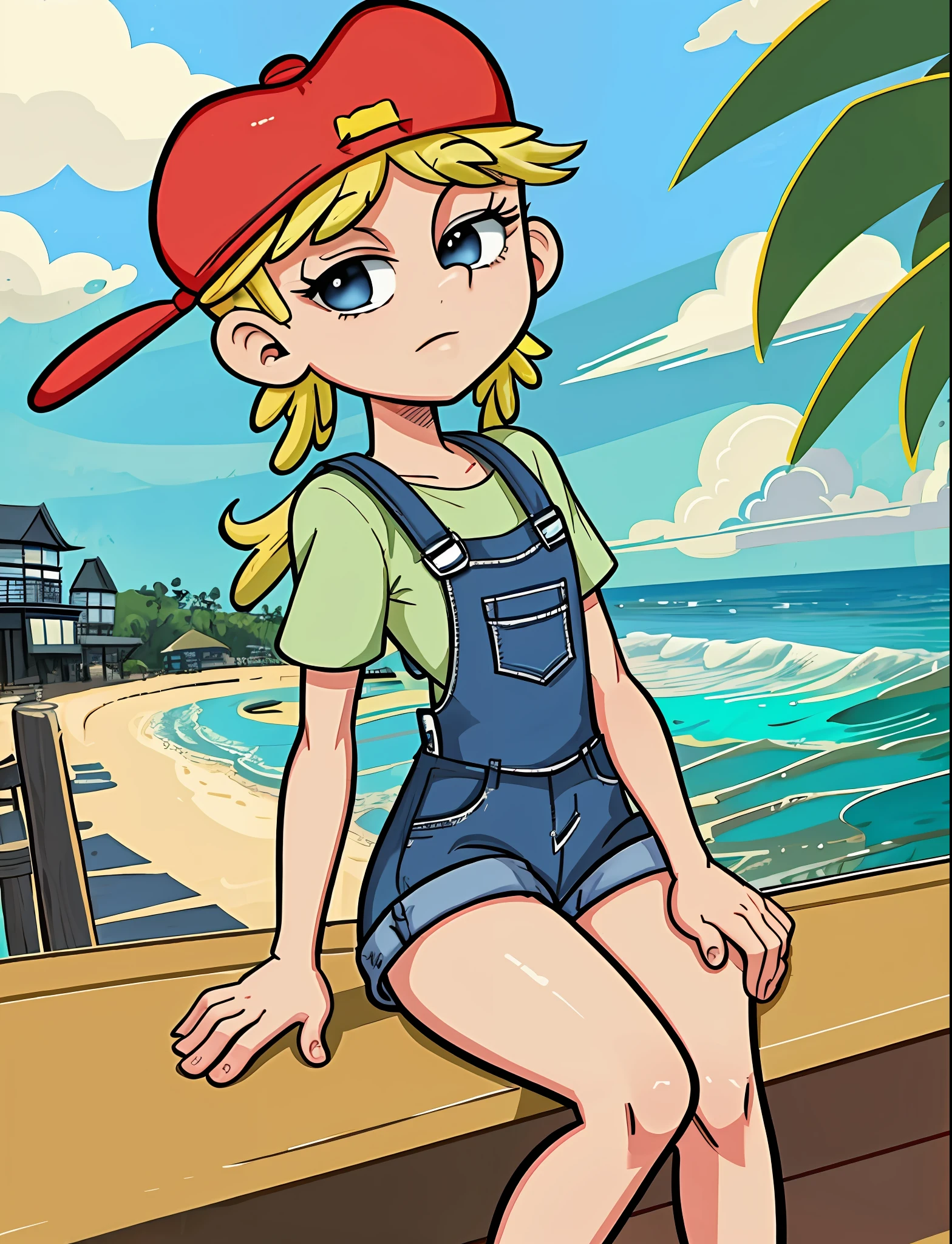 AS-Young blonde Lana Loud, overalls, red headwear green shirt overalls, on a (beach boardwalk cafe sitting at the table:1.2) tropical beach beautiful cloudy sky bright sunny day (masterpiece:1.2) (linework) (animation) (flat illustration:1.1) (best quality:1.2) (8k) (clean lines)