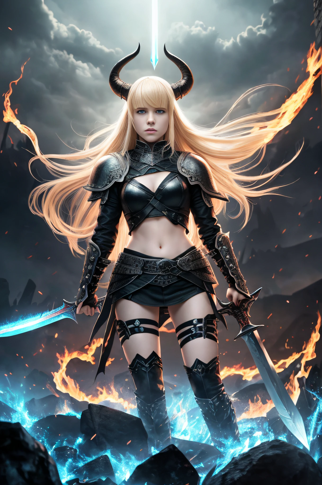Full body shot of a pale white warrior girl with blond long hair and bangs, with a pair of black horns, wearing a punk outfit and holding a massive eldritch blade blue sword, surrounded an army of demons, infernal landscape in the background at night, flames and fire, russian girl, masterpiece, hd, 4k, 8k, highly detailed, demon monsters, movie poster, cinematic, photorealistic, serious, concerned
