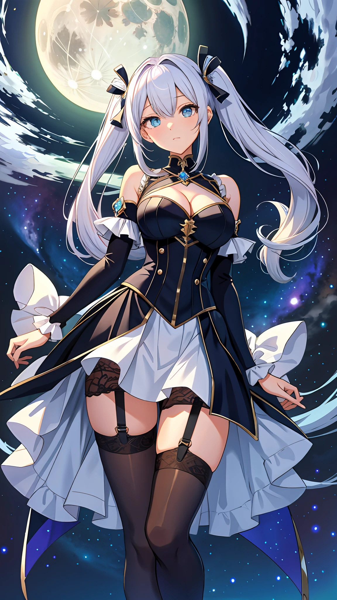, Sexy, from bottom, facing viewer, eyes focus, covered cleavage, cooper eyes, galaxy eyes, univers hair, twintail, busty, moon background, full body, 8k, absurd quality, beautiful face, hands out of frame,absurd res, high res, (masterpiece:1.4), ultra-detailed, 1girl, from below, jumping, stockings, platinum hair, Andromeda eyes, garter belt, yandere, twintail
