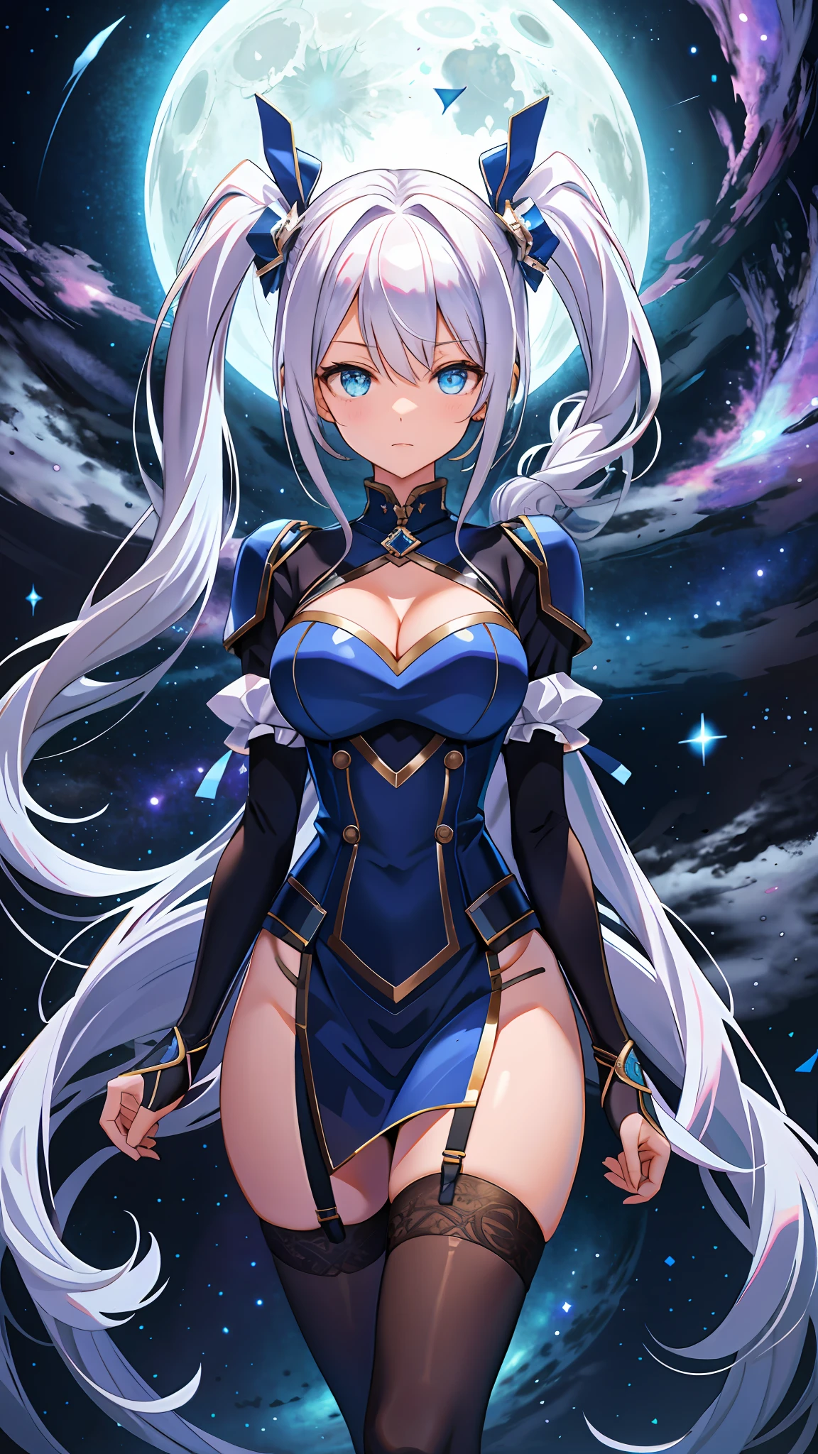 , Sexy, from bottom, facing viewer, eyes focus, covered cleavage, cooper eyes, galaxy eyes, univers hair, twintail, busty, moon background, full body, 8k, absurd quality, beautiful face, hands out of frame,absurd res, high res, (masterpiece:1.4), ultra-detailed, 1girl, from below, jumping, stockings, platinum hair, Andromeda eyes, garter belt, yandere, twintail