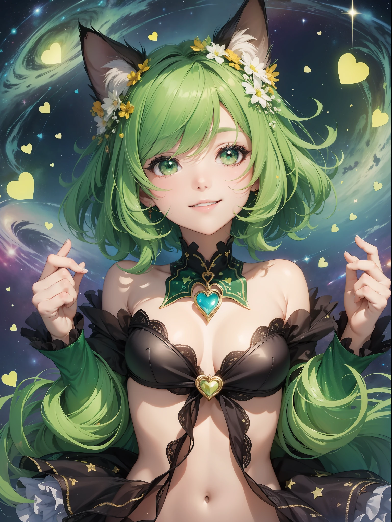 Masterpiece, high quality, smiling cat girl (green short bob, green eyes), heart illustration against the background of space. The Milky Way, the stars and galaxies of the universe depict the shape of a heart, expressing the infinity of love, cosmic power, and incorporating elements of nature. Draw a tree or bouquet in the shape of a heart, expressing the connection between the beauty of nature and love. An illustration of small heart shapes combined like a puzzle. Each heart has a different color and pattern to express love with diversity and individuality.