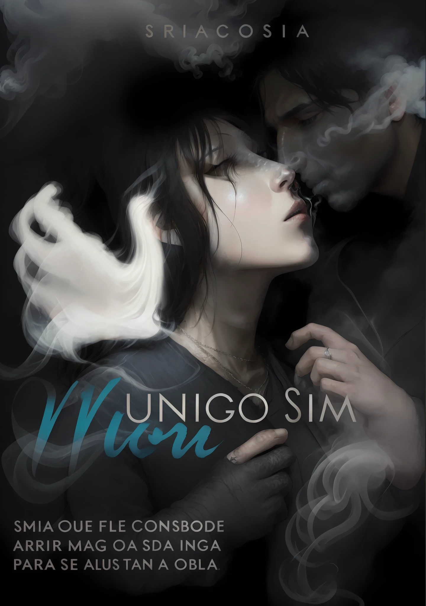a woman hugging a man with smoke coming out of her face, romance book cover, romance novel cover, new album cover, album cover, art cover, sinew, (((mist))), smoke, album artwork, album art cover, by Ramón Silva, fluid sim, urban fantasy romance book cover, cover art, smoke simulation, promo image