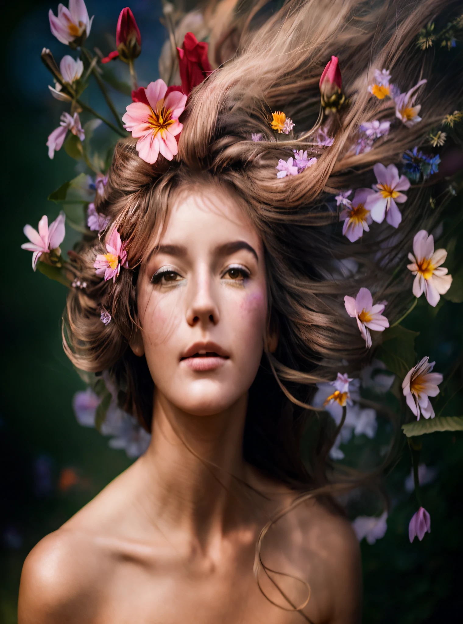 arafed woman with flowers in her hair and a flower crown, floeers in hair, flower storm portrait, woman in flowers, flowers in hair, flowers on hair, flower goddess, girl in flowers, beautiful portrait photo, girl with a flower head, perky woman made of petals, female portrait with flowers, girl frontal in a flower field