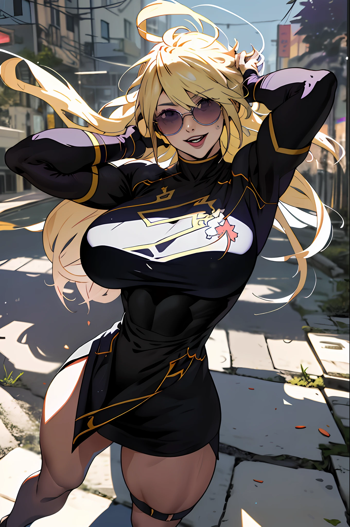 best quality, masterpiece, ultra high res, detailed background, realistic, 1girl, solo, female, muscular, mature female, long hair, blonde, makeup, purple lipstick, standing, open arms, open legs, sticky dress, open mouth, huge smile, expression of fascination, surprise, square, real shadow and light, depth of field, huge breasts, torn panties, looking at the viewer, sunglasses falling, strong wind in the face, Konosuba