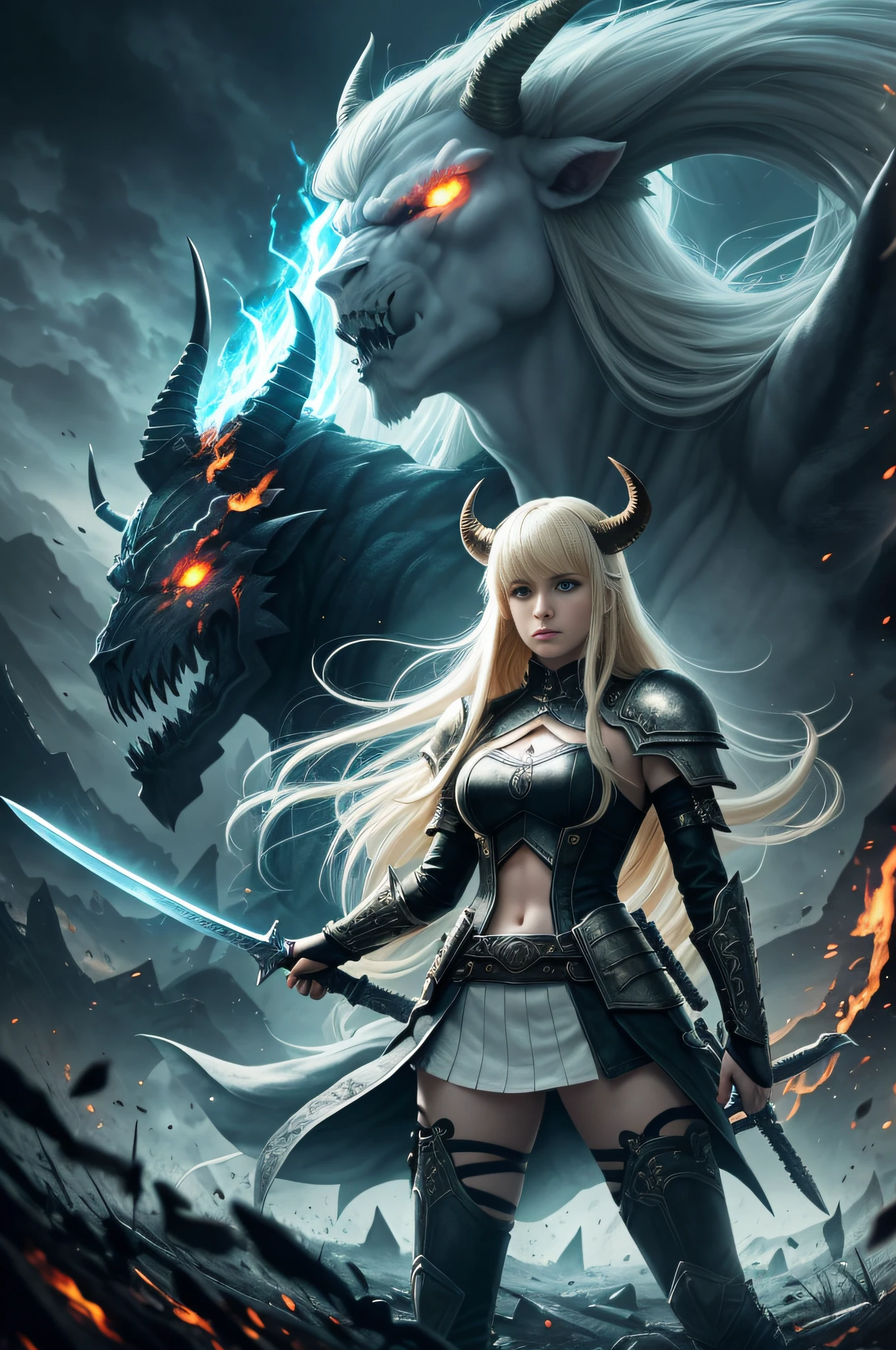 Full body shot of a pale white warrior girl with blond long hair and bangs, with a pair of black horns, wearing a punk outfit and holding a massive eldritch blade blue sword, surrounded an army of demons, infernal landscape in the background at night, flames and fire, russian girl, masterpiece, hd, 4k, 8k, highly detailed, demon monsters, movie poster, cinematic, photorealistic, serious, concerned