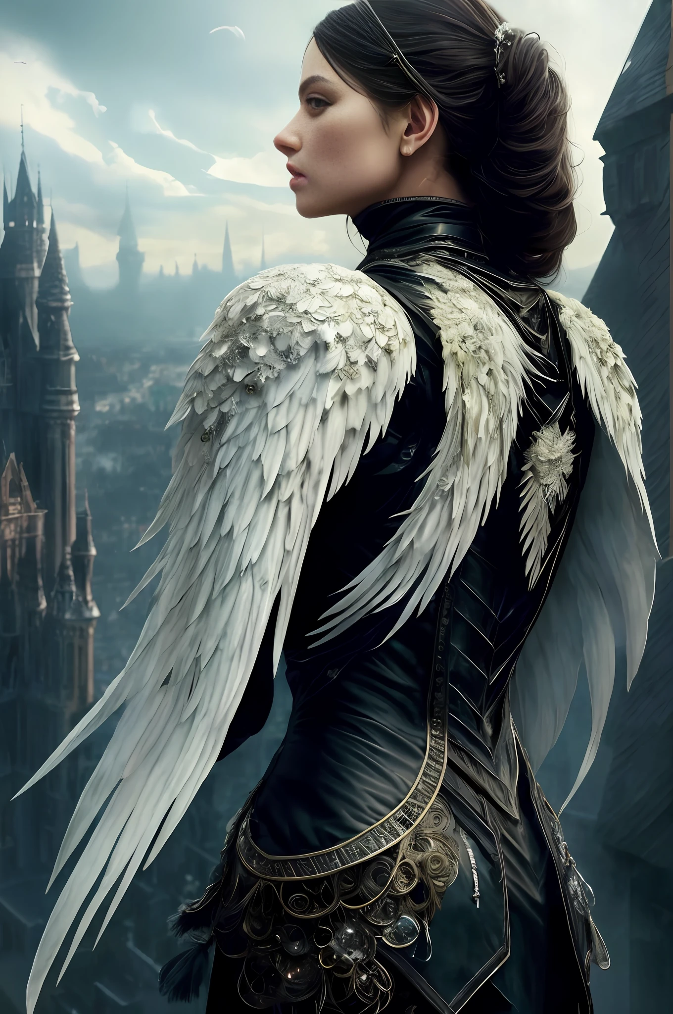 full body:1.6, walking pose, slow motion, (rogue thief:1.2) woman, multi-layered stitched,(white silk cloak), (intricately patterned cloth:1.2), (insanely detailed, flowering:1.5), (top quality, Alessandro Casagrande,
Greg Rutkowski, Sally Mann, concept art, 4k), (analog:1.2), (high sharpness), (detailed pupils:1.1), (painting:1.1), (digital painting:1.1), detailed face, eyes and body, masterpiece, best quality, (highly detailed photo:1.1), 8k, photorealistic, (long curvy hair, ecstasy:1.1), (young woman:1.1), by jeremy mann, by sandra chevrier, by maciej kuciara, sharp, (perfect body:1.1), realistic, real shadow, 3d, (europe castle background:1.2), (by Michelangelo), angel of death, innocent,  eyes, diadem, angel wings, black clothes, full body, arms behind back, sky, halo, post-apocalypse, detailed armor